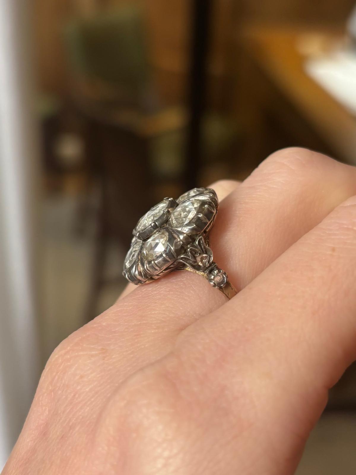Georgian Rose Cut Diamond Cluster Ring in Silver on Gold For Sale 4