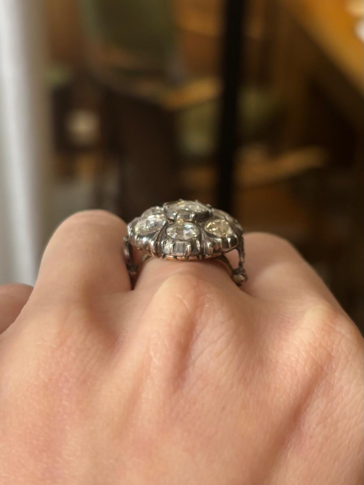 Georgian Rose Cut Diamond Cluster Ring in Silver on Gold For Sale 5