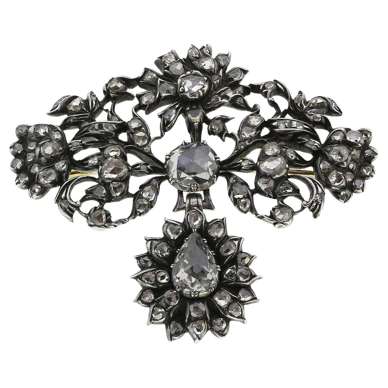 Georgian Rose Cut Diamond Drop Brooch en venta