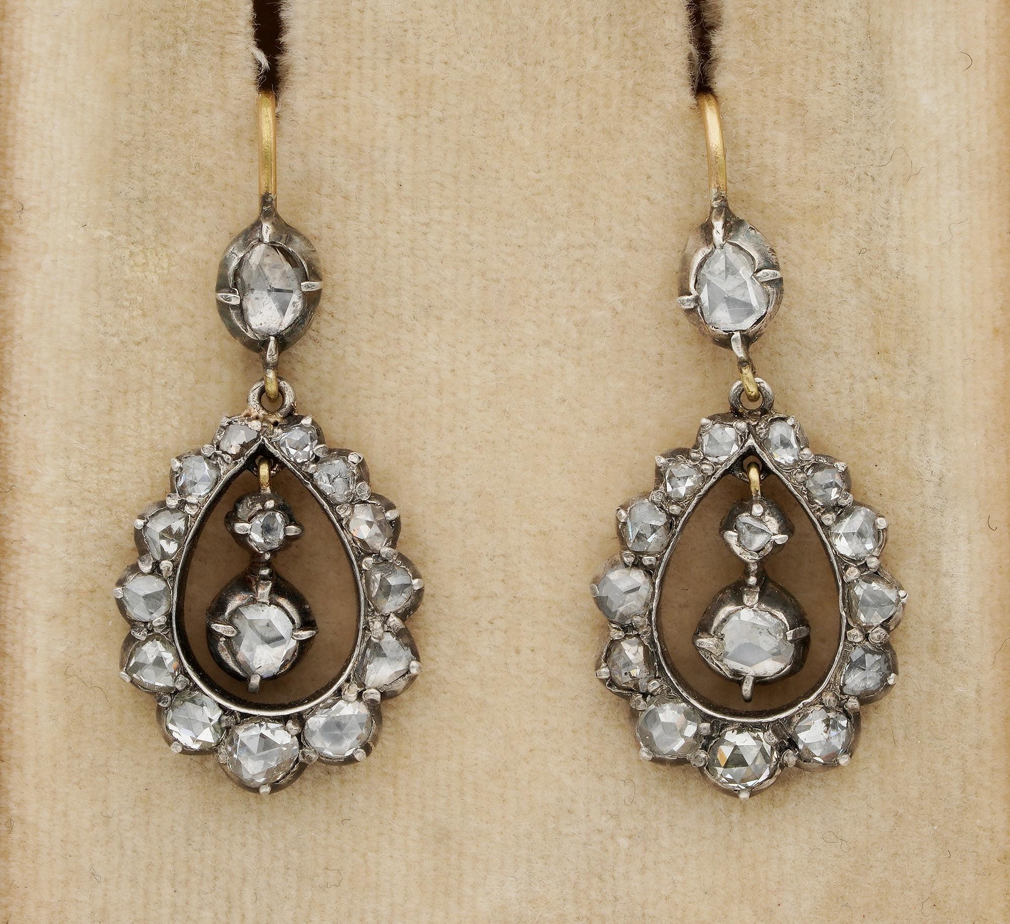Beautiful Georgian period Diamond drop earrings of lovely design
Close back, hand crafted of solid 15 KT gold topped by silver – tested – 1790/1810 ca
English origin
Articulate to swing on ears attracting and catching the light at any movement
Each