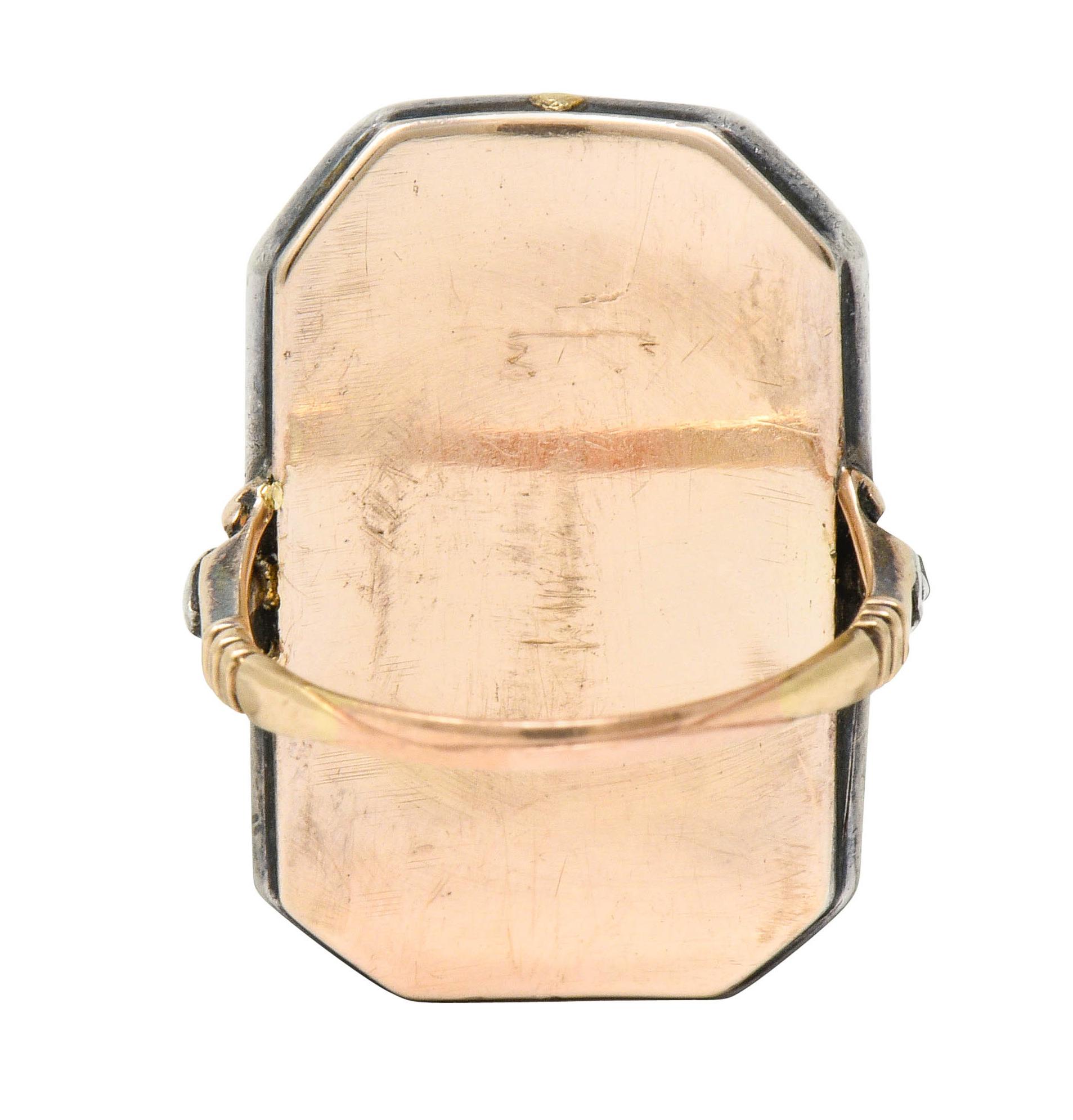 Georgian Rose Cut Diamond Enamel Silver-Topped 14 Karat Gold Fleur-De-Lis Ring In Excellent Condition In Philadelphia, PA