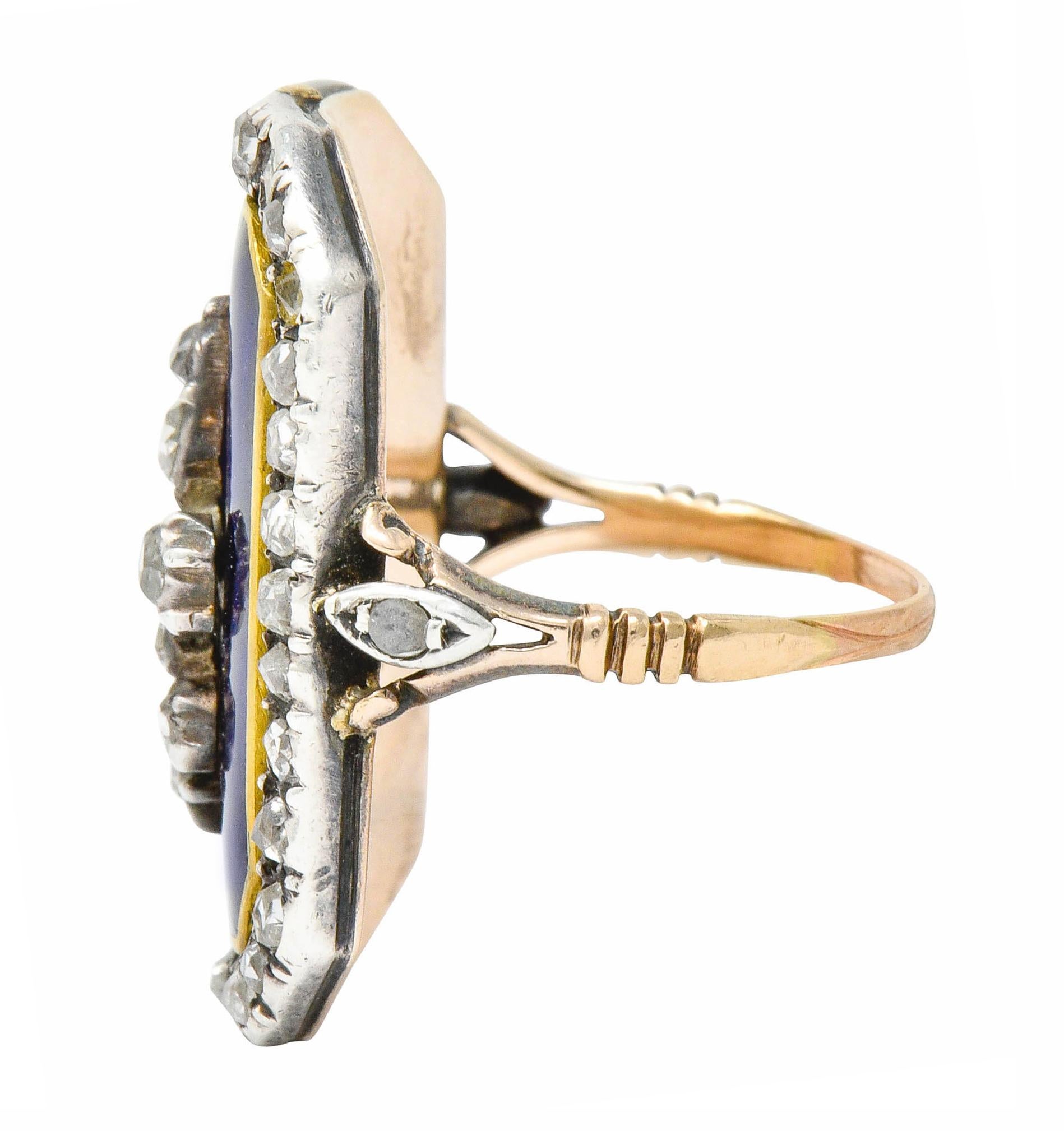 Women's or Men's Georgian Rose Cut Diamond Enamel Silver-Topped 14 Karat Gold Fleur-De-Lis Ring