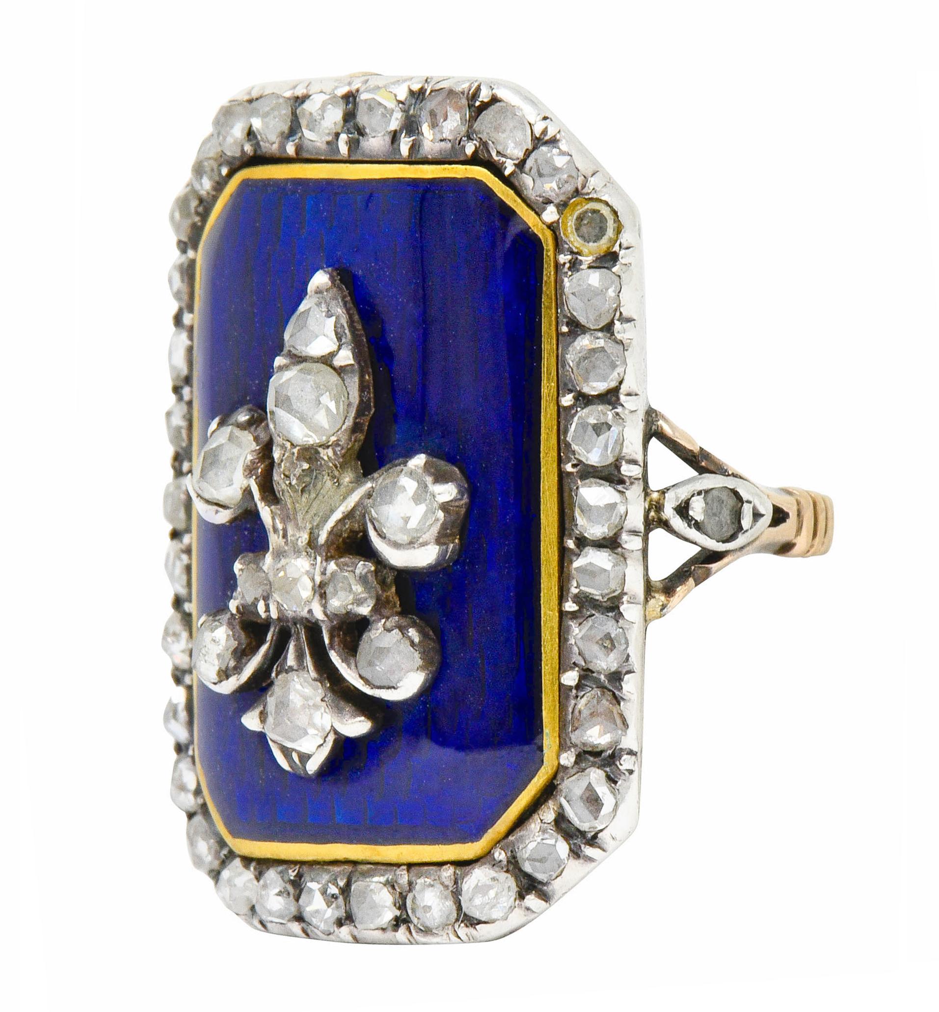 Georgian Rose Cut Diamond Enamel Silver-Topped 14 Karat Gold Fleur-De-Lis Ring 1