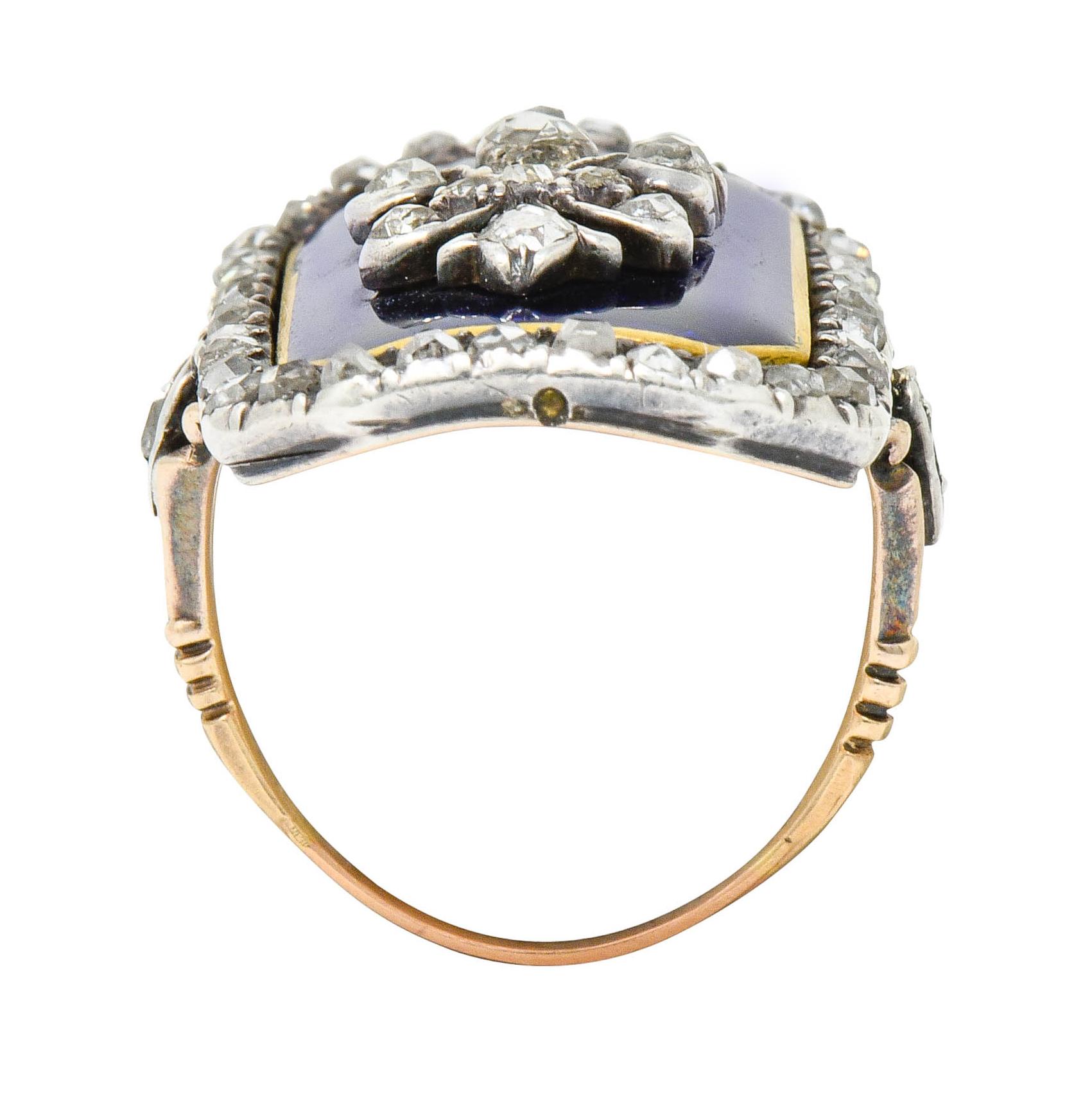 Georgian Rose Cut Diamond Enamel Silver-Topped 14 Karat Gold Fleur-De-Lis Ring 2