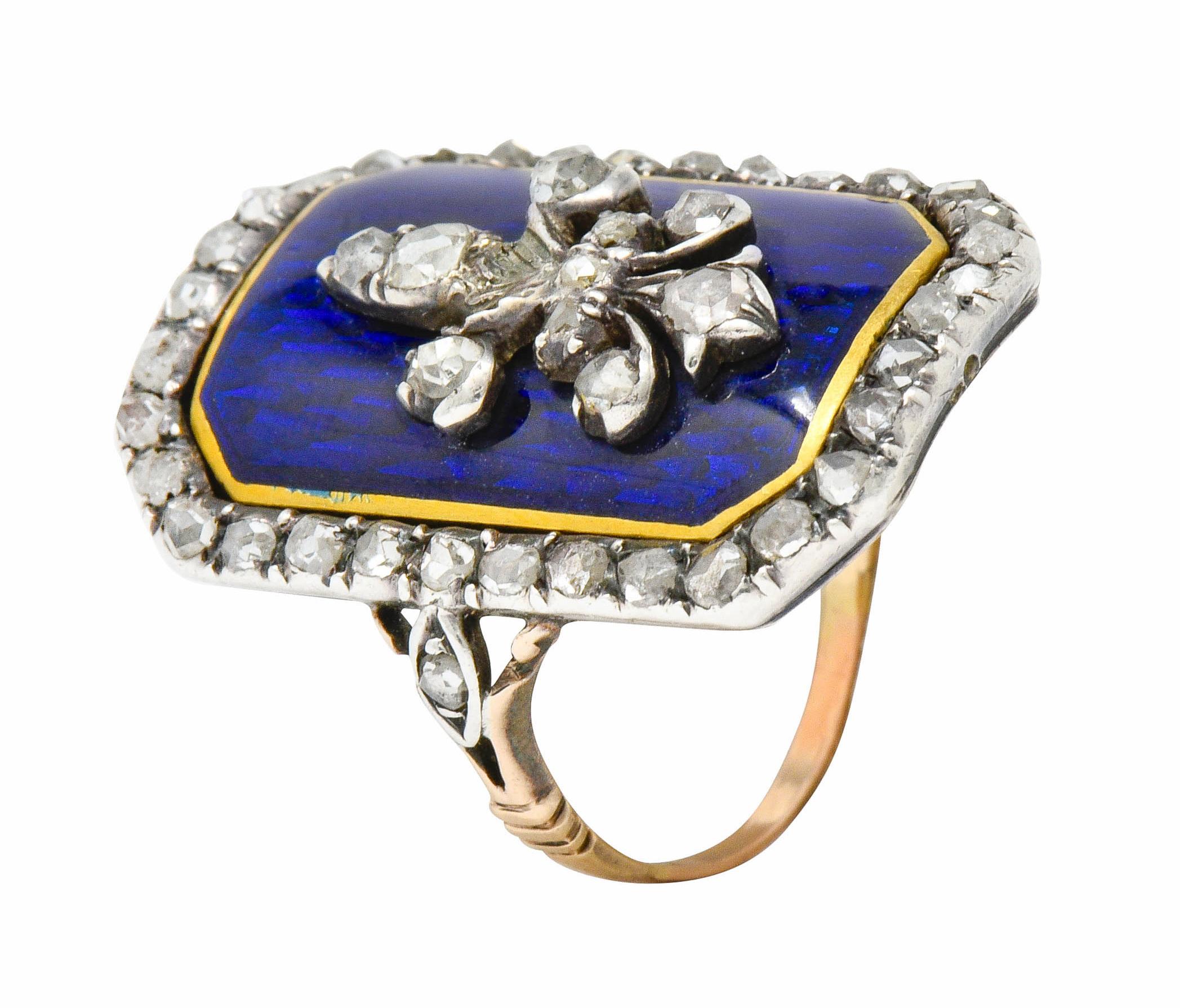 Georgian Rose Cut Diamond Enamel Silver-Topped 14 Karat Gold Fleur-De-Lis Ring 3