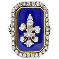 Georgian Rose Cut Diamond Enamel Silver-Topped 14 Karat Gold Fleur-De-Lis Ring