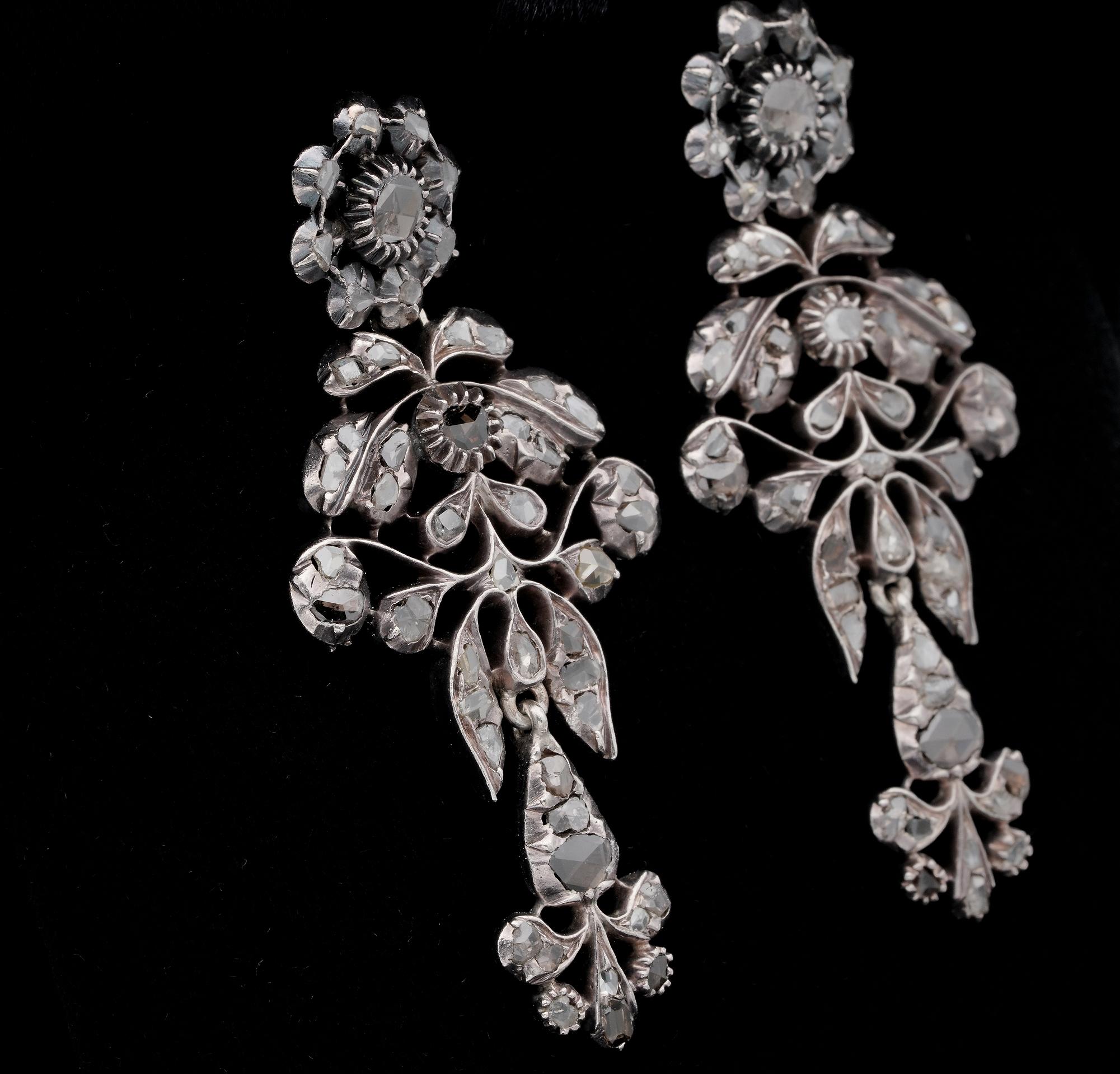 Women's Georgian Rose Cut Diamond Giardinetti Long Drop Earrings For Sale