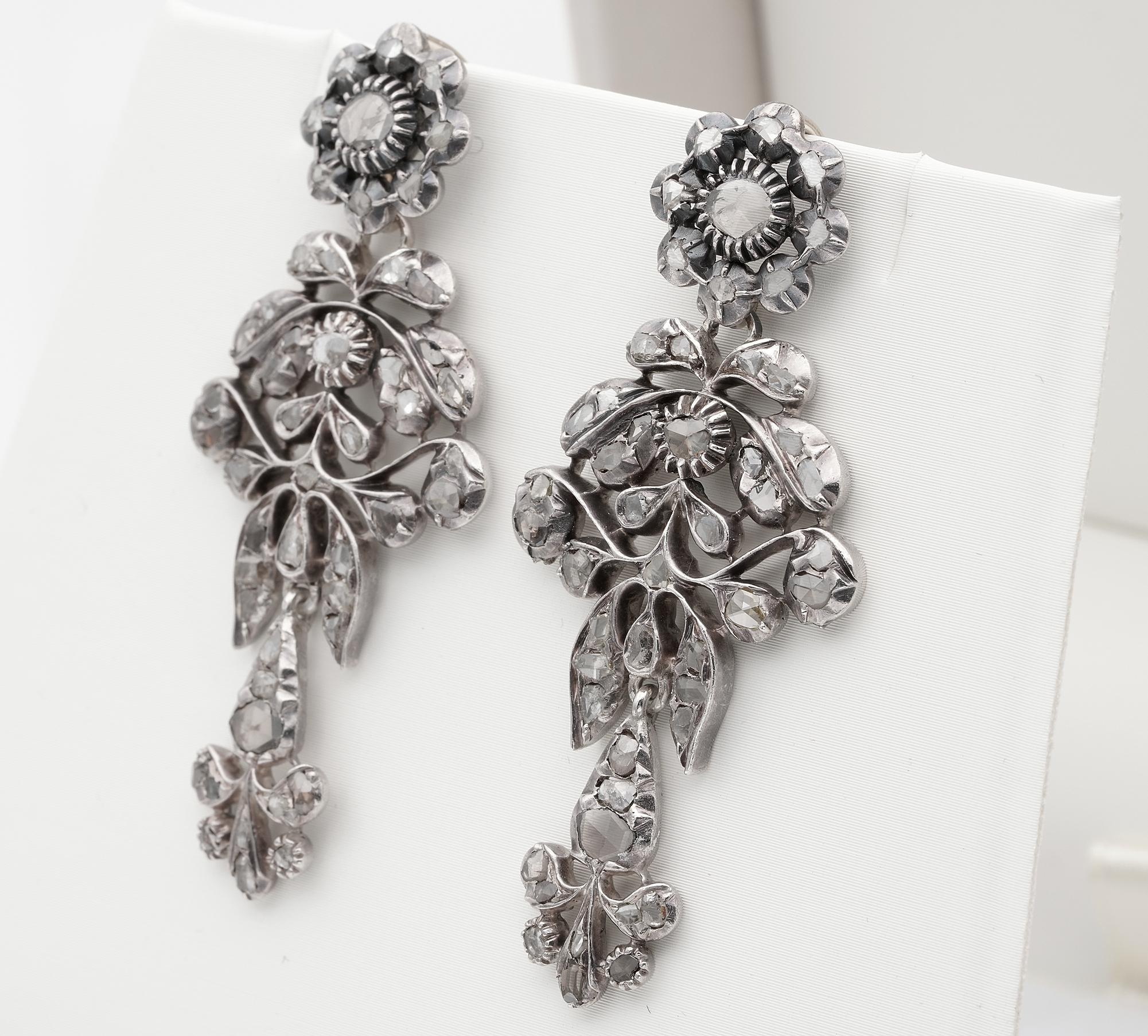 Georgian Rose Cut Diamond Giardinetti Long Drop Earrings For Sale 1