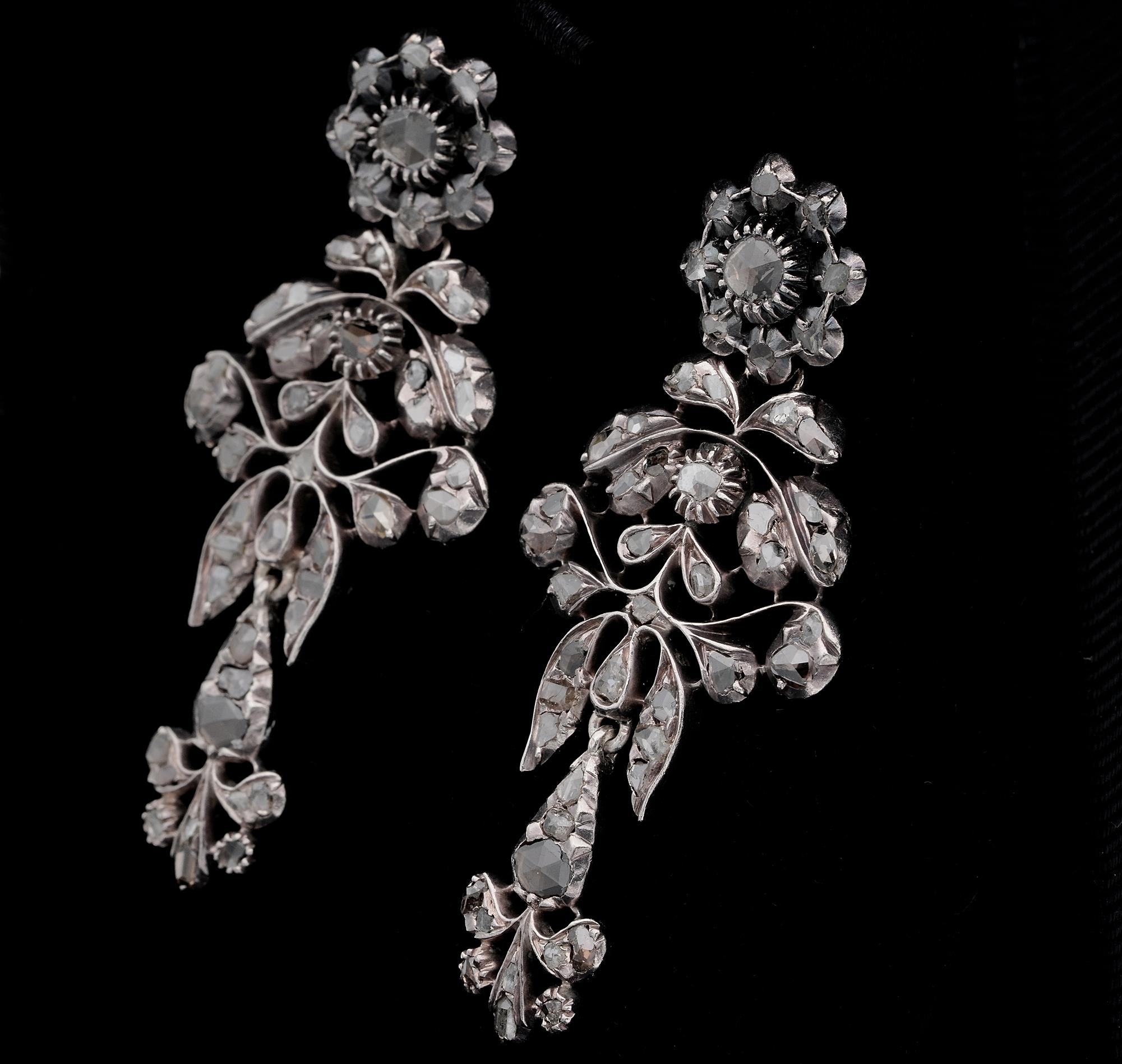 Georgian Rose Cut Diamond Giardinetti Long Drop Earrings For Sale 2