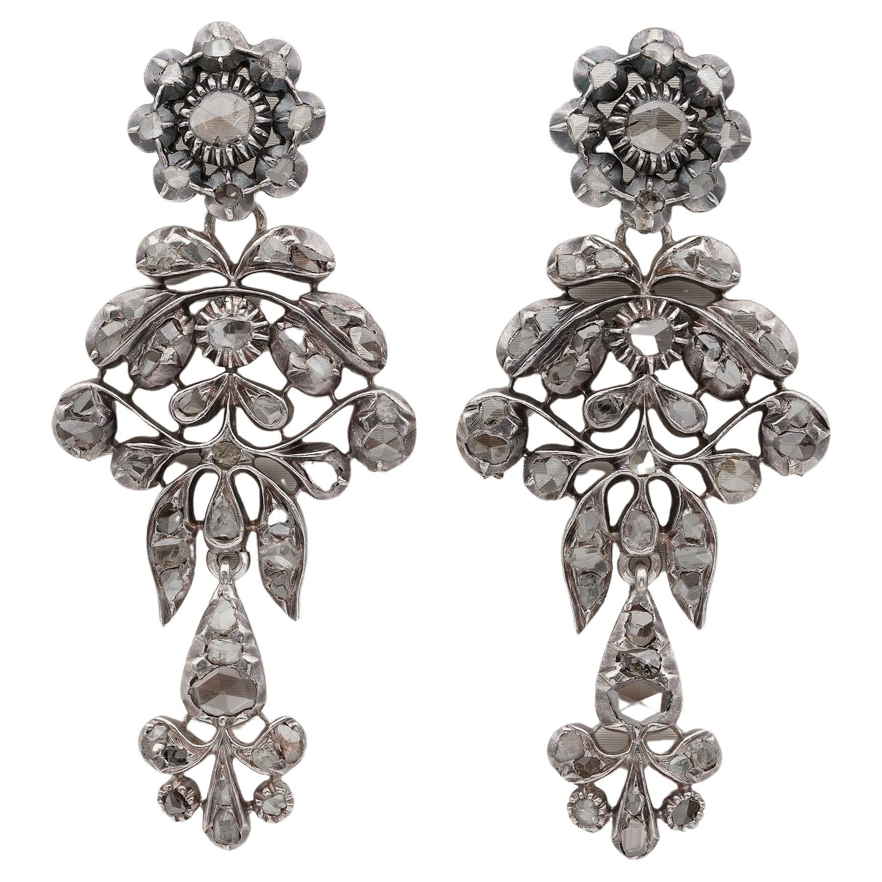 Georgian Rose Cut Diamond Giardinetti Long Drop Earrings For Sale