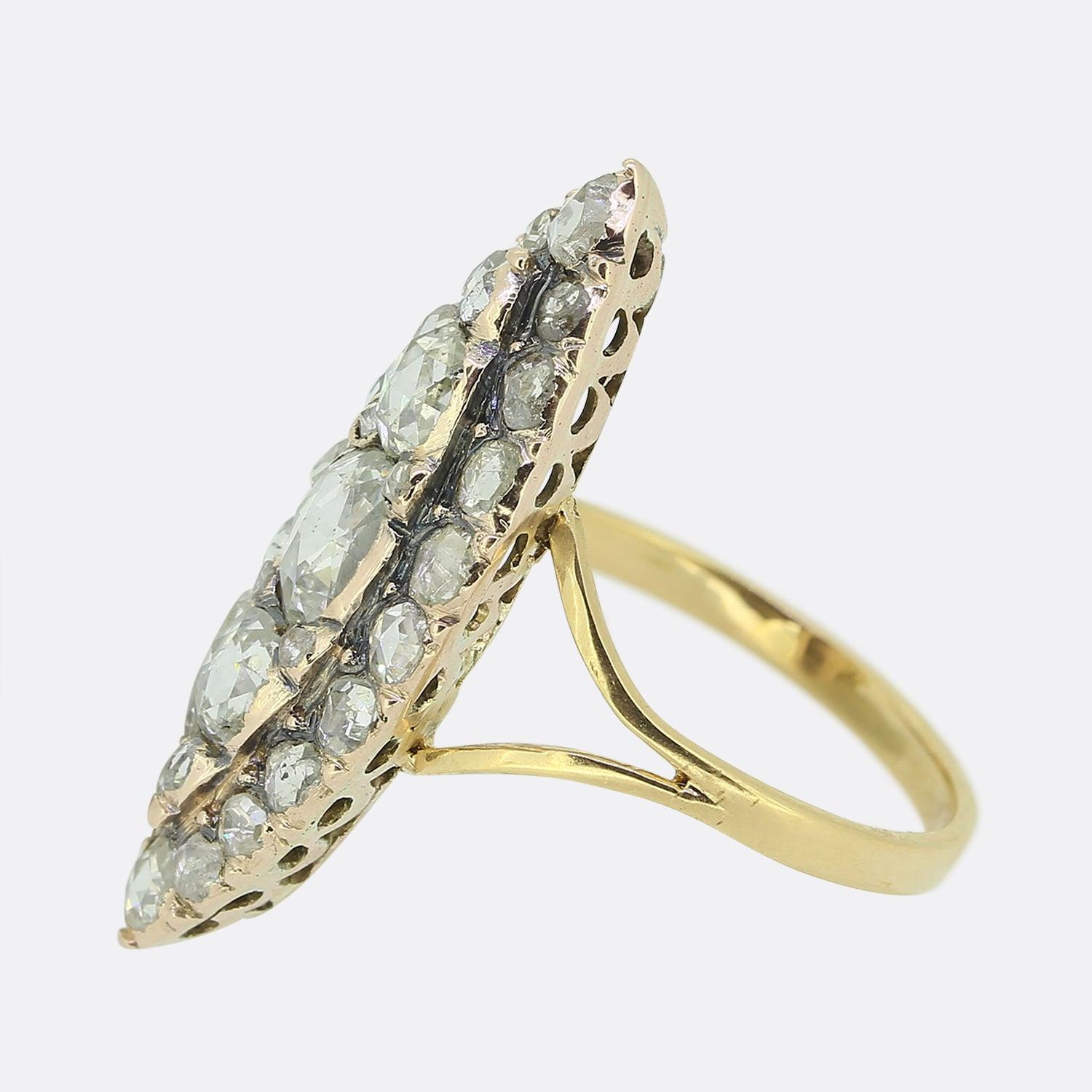 Here we have a gorgeous navette ring originally dating back to the Georgian period. The face of this antique piece has been crafted from yellow gold into a boat-like shape which plays host to a trio of centralised oval shaped rose cut diamonds.