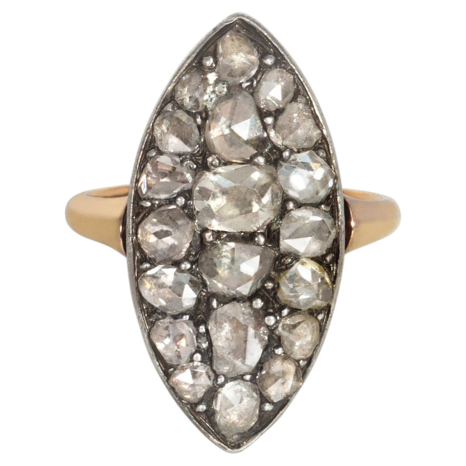 Bague géorgienne avec plaque sertie de diamants taille rose