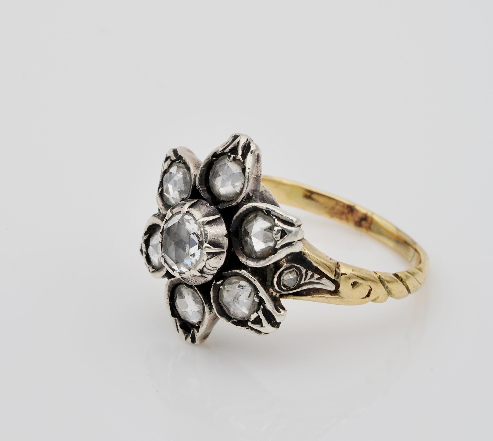 Georgian  Style Rose Cut Diamond Flower Ring 18 KT/Silver For Sale 1