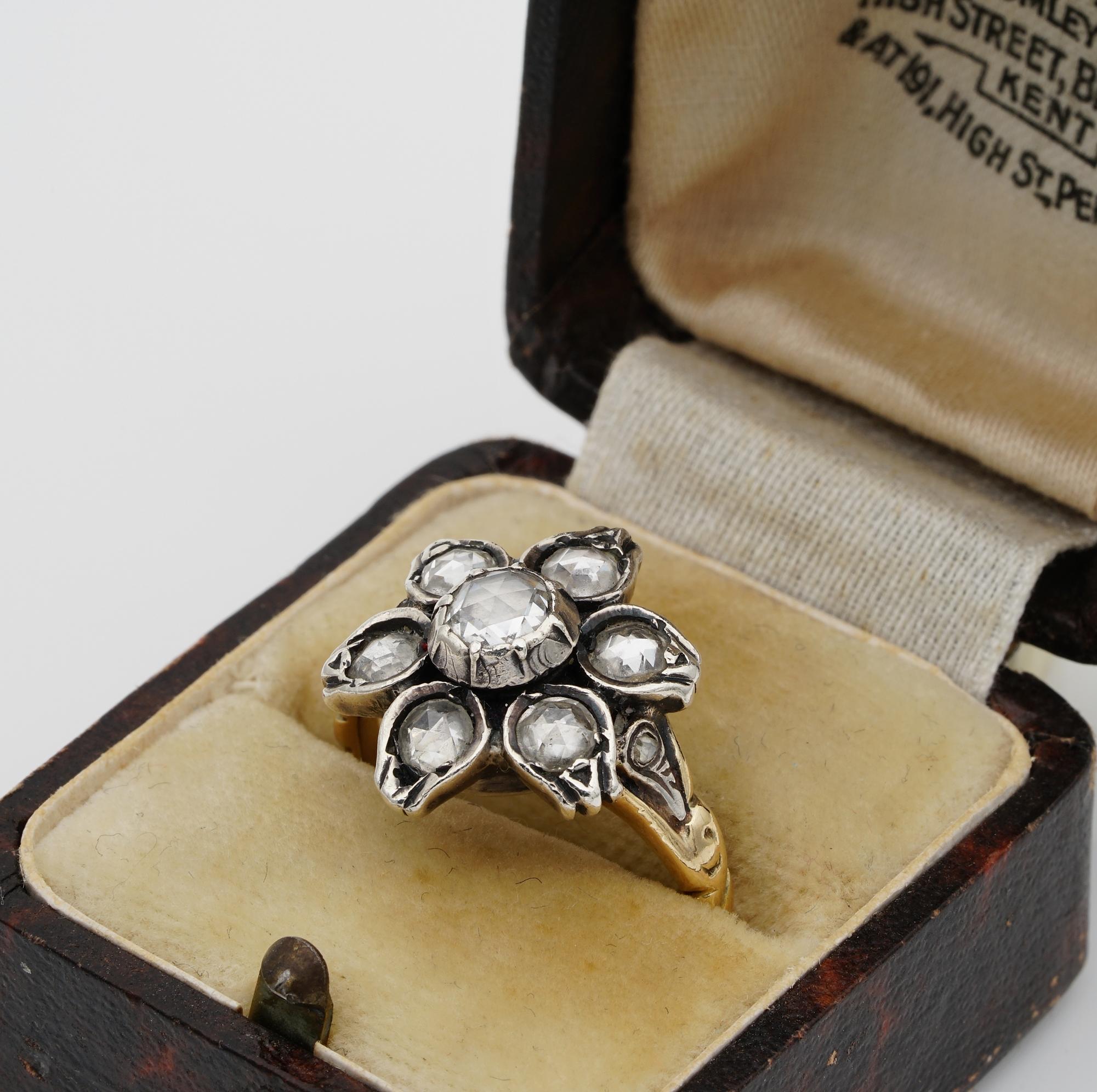 Georgian  Style Rose Cut Diamond Flower Ring 18 KT/Silver For Sale 2