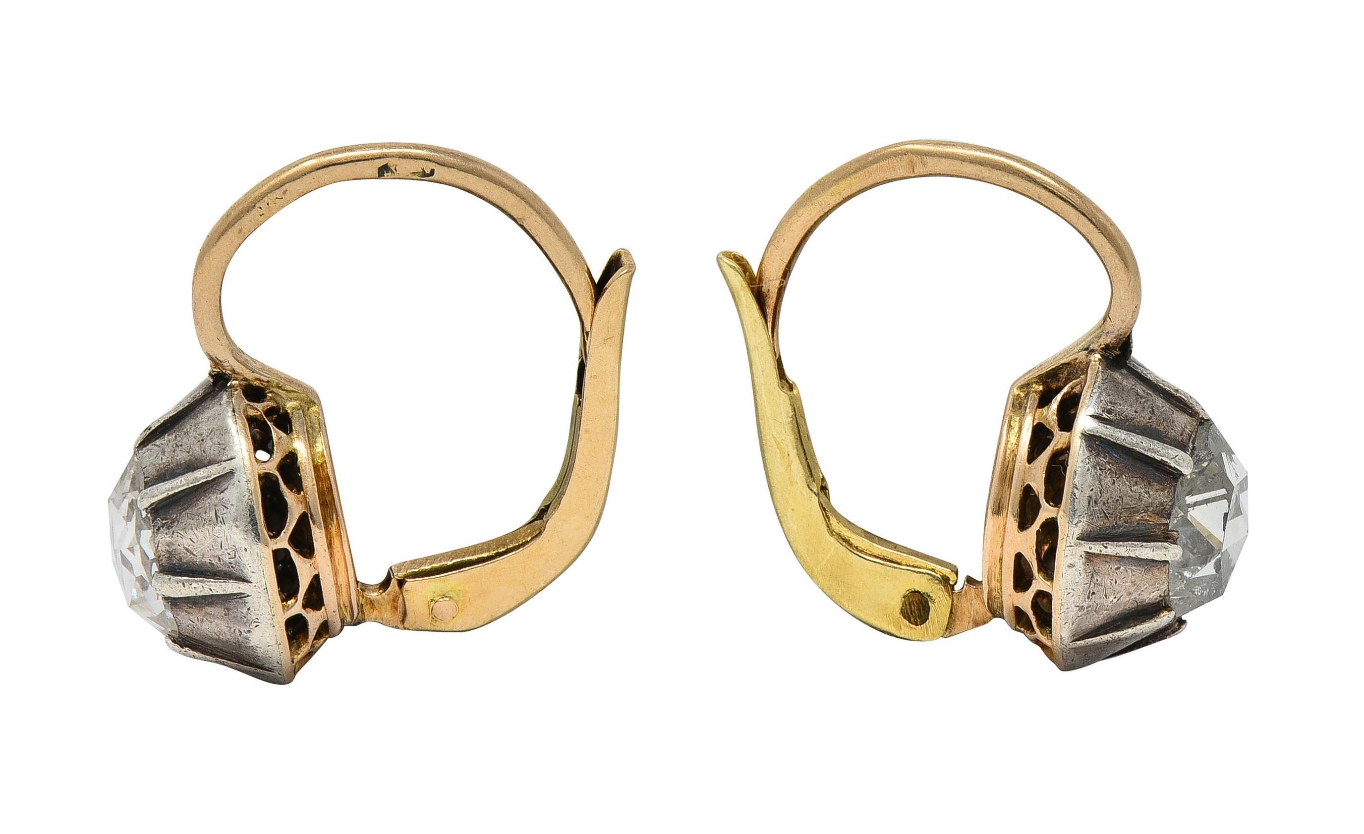 Round Cut Georgian Rose Cut Diamond Silver 14K Gold Antique Collete Earrings For Sale