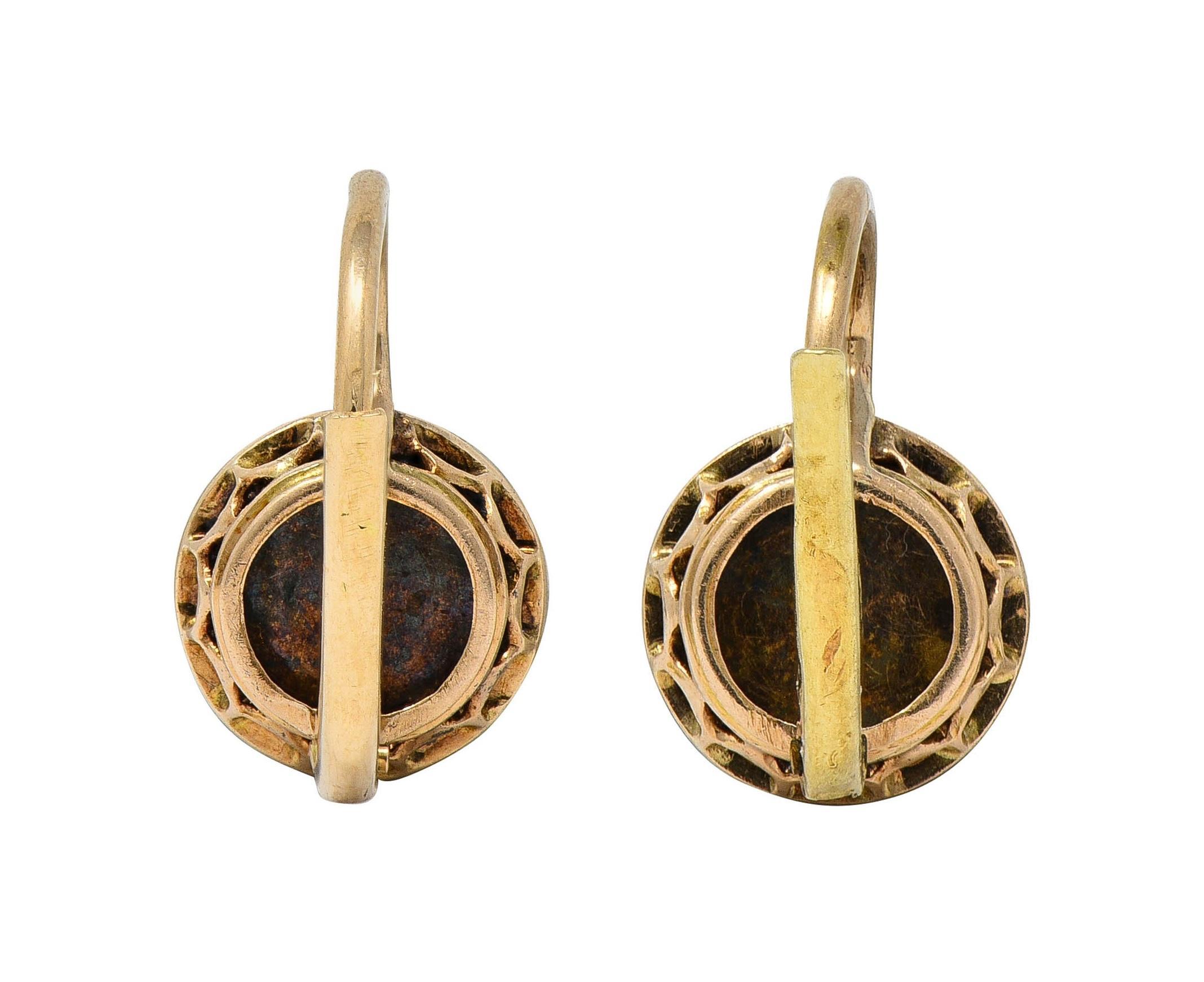 Georgian Rose Cut Diamond Silver 14K Gold Antique Collete Earrings In Excellent Condition For Sale In Philadelphia, PA