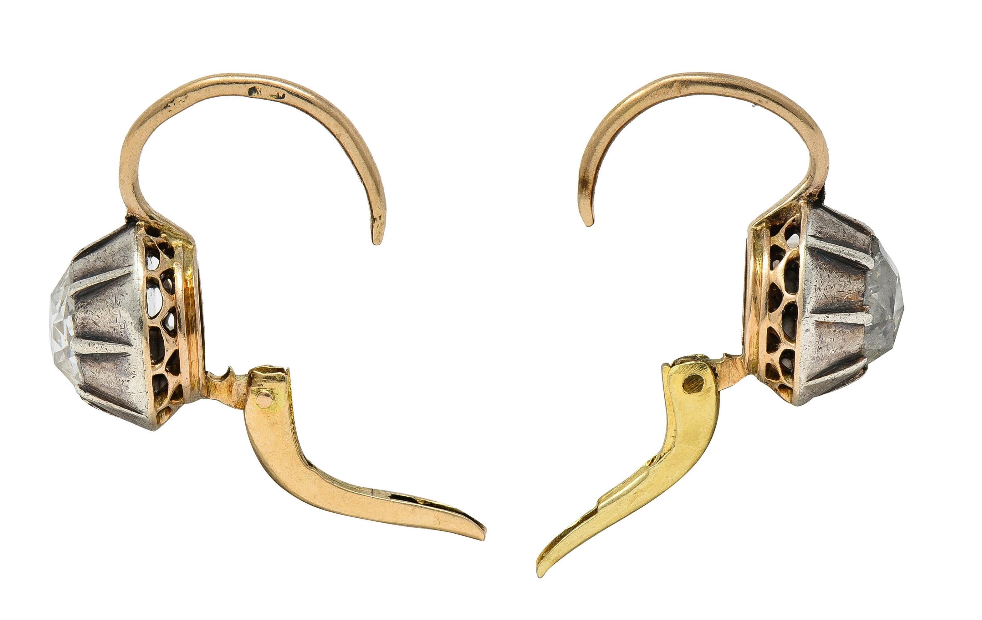 Women's or Men's Georgian Rose Cut Diamond Silver 14K Gold Antique Collete Earrings For Sale