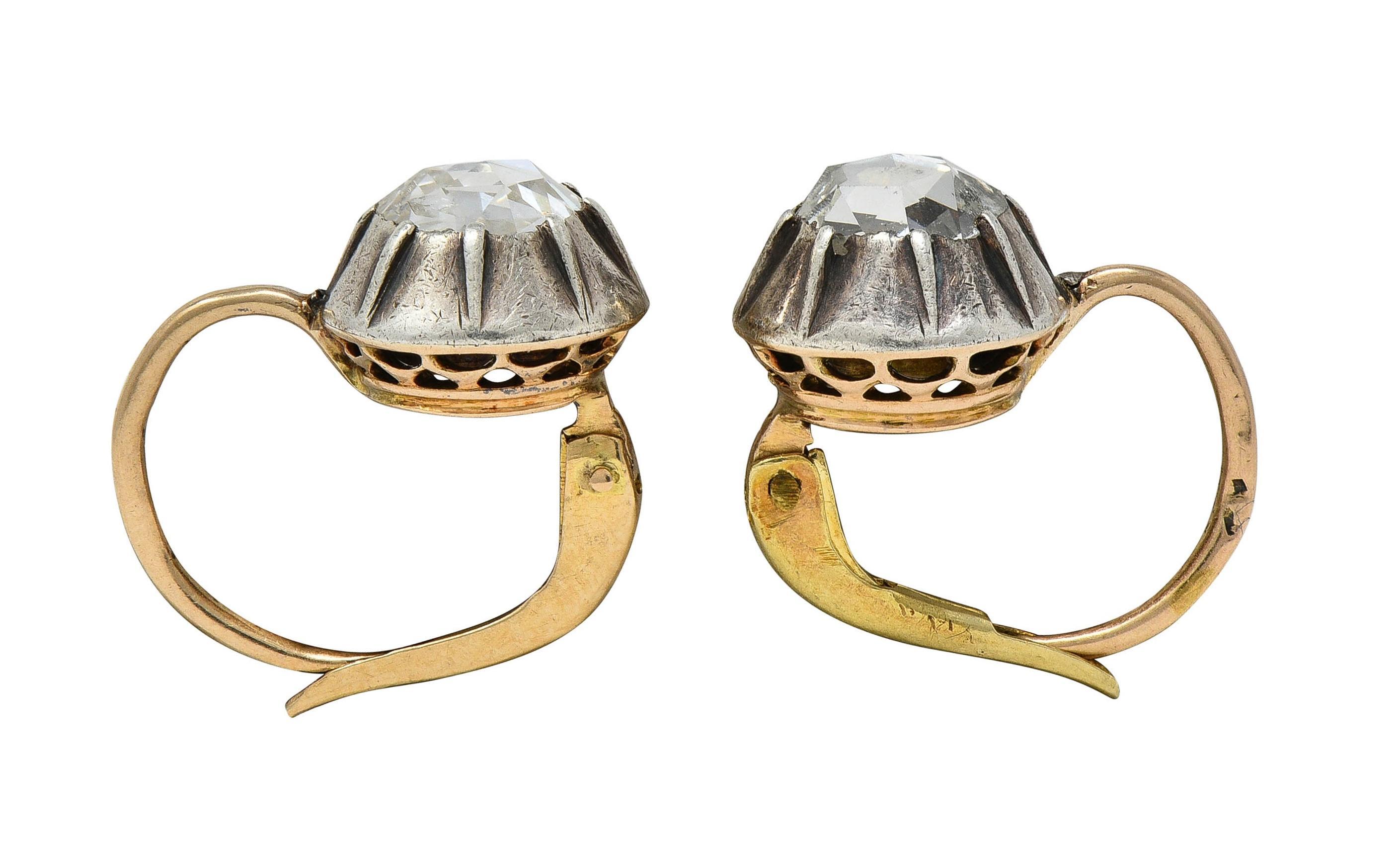 Georgian Rose Cut Diamond Silver 14K Gold Antique Collete Earrings For Sale 1
