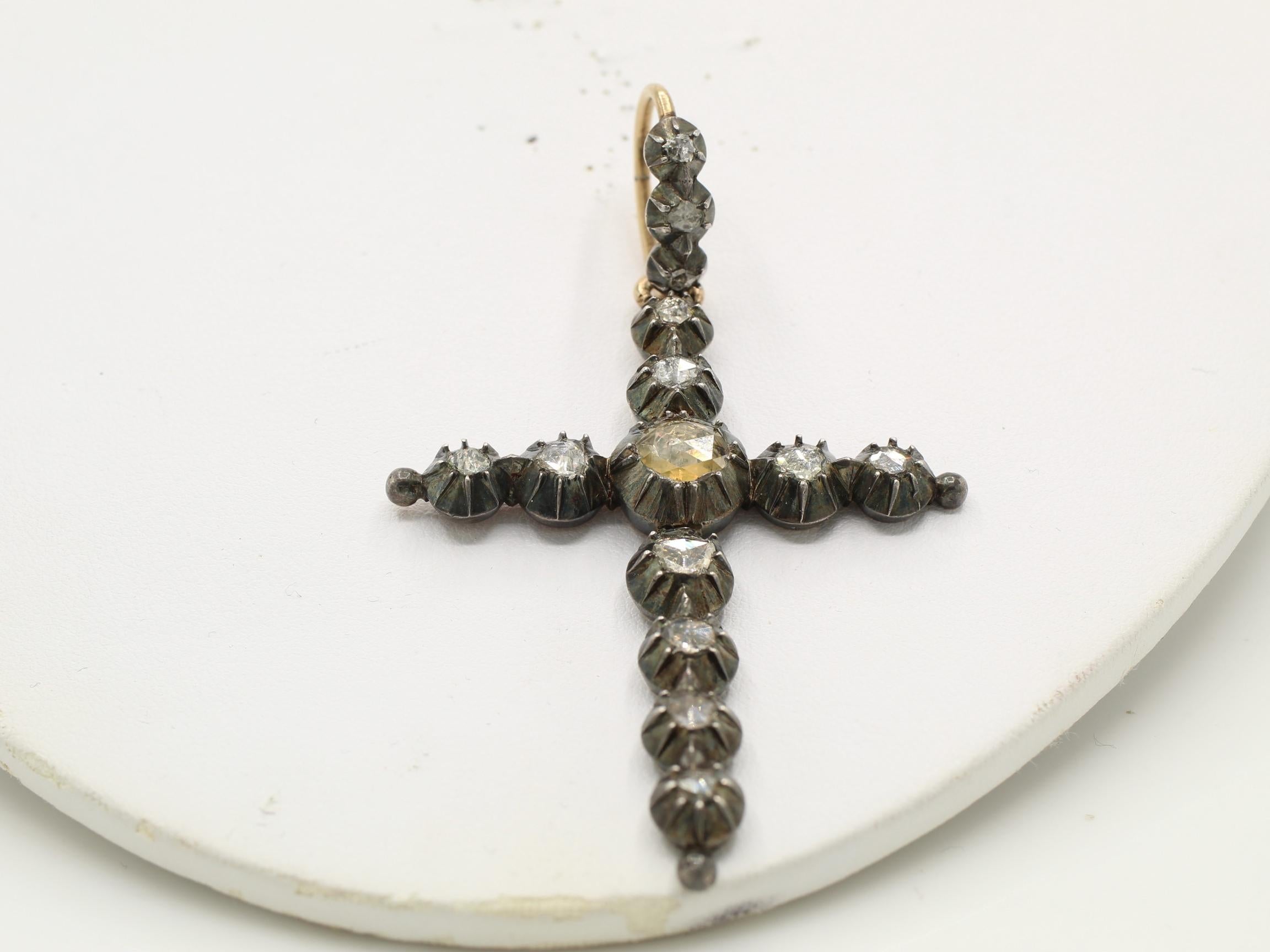 Women's or Men's Georgian Rose Cut Diamond Silver on Gold Cross Pendant For Sale