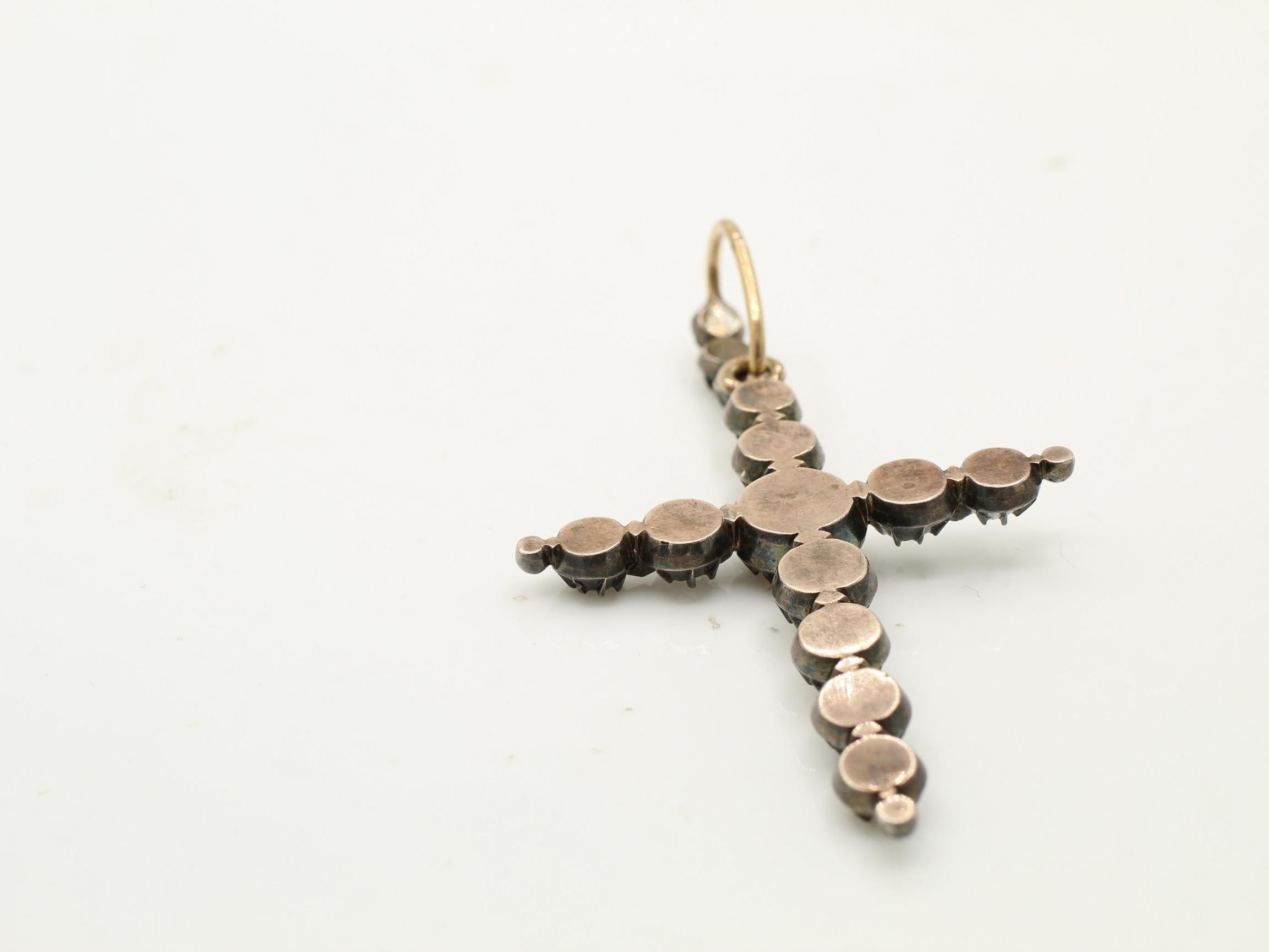 Georgian Rose Cut Diamond Silver on Gold Cross Pendant For Sale 1