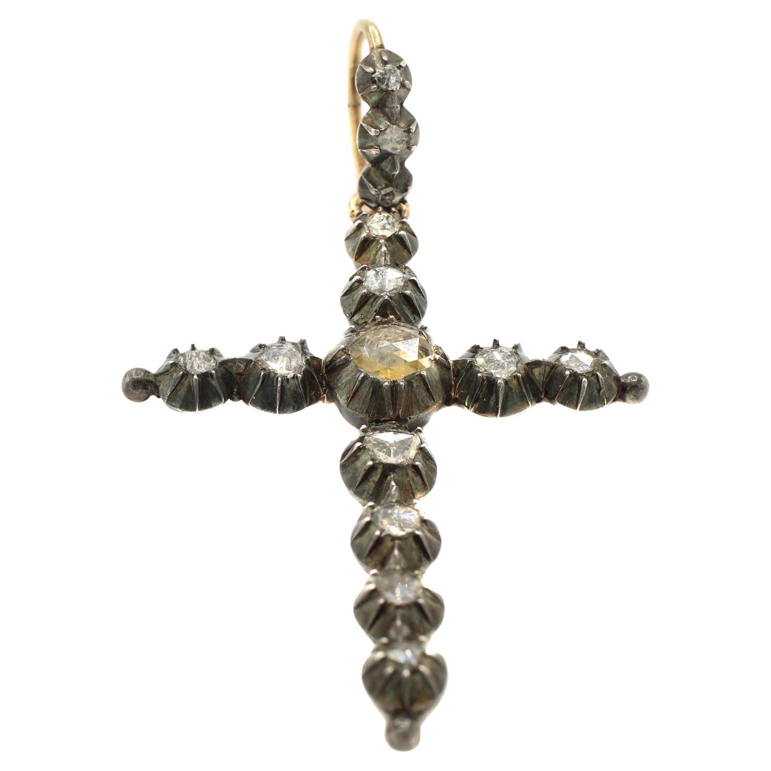 Georgian Rose Cut Diamond Silver on Gold Cross Pendant