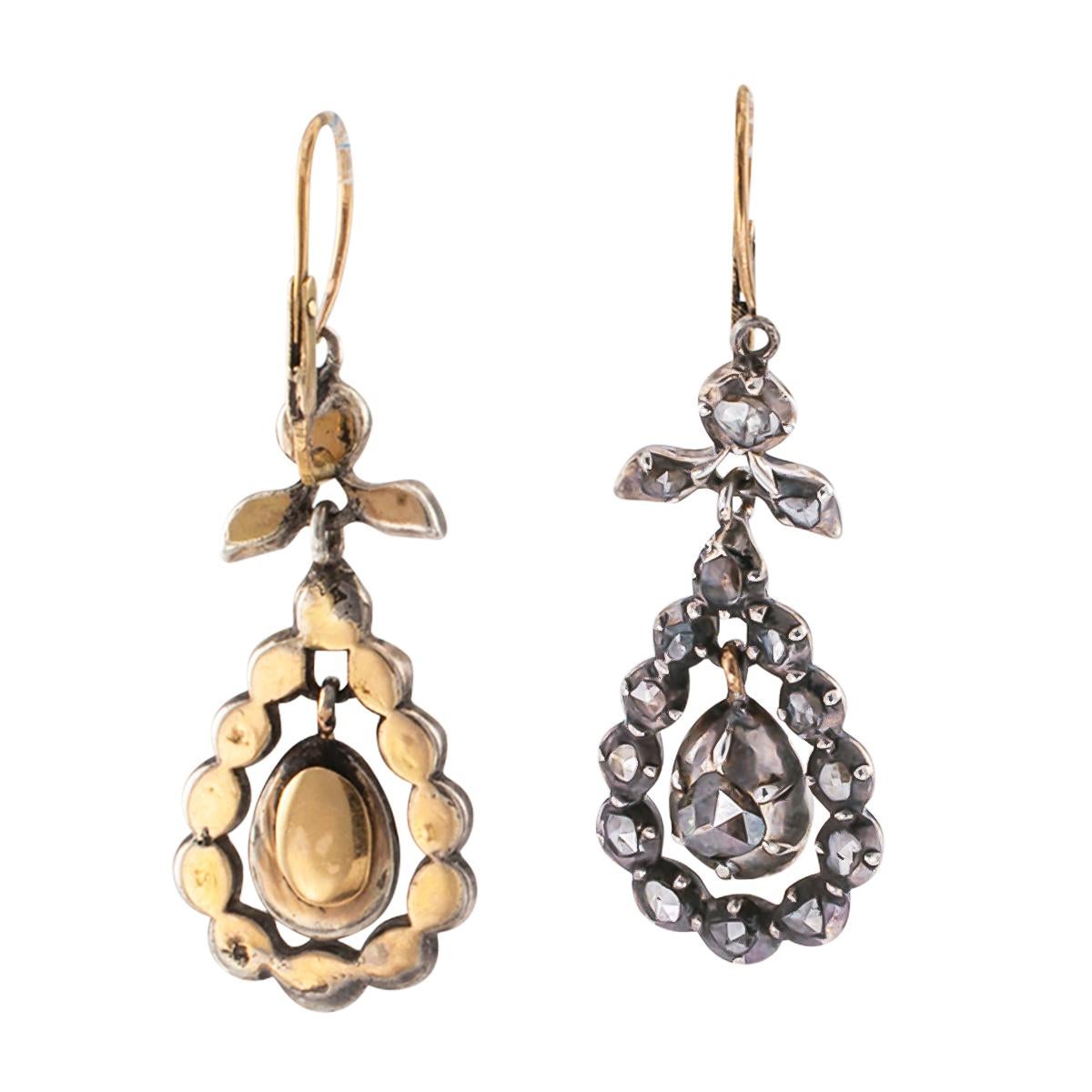 Georgian Rose Cut Diamonds Silver Gold Pendant Earrings (Rosenschliff)