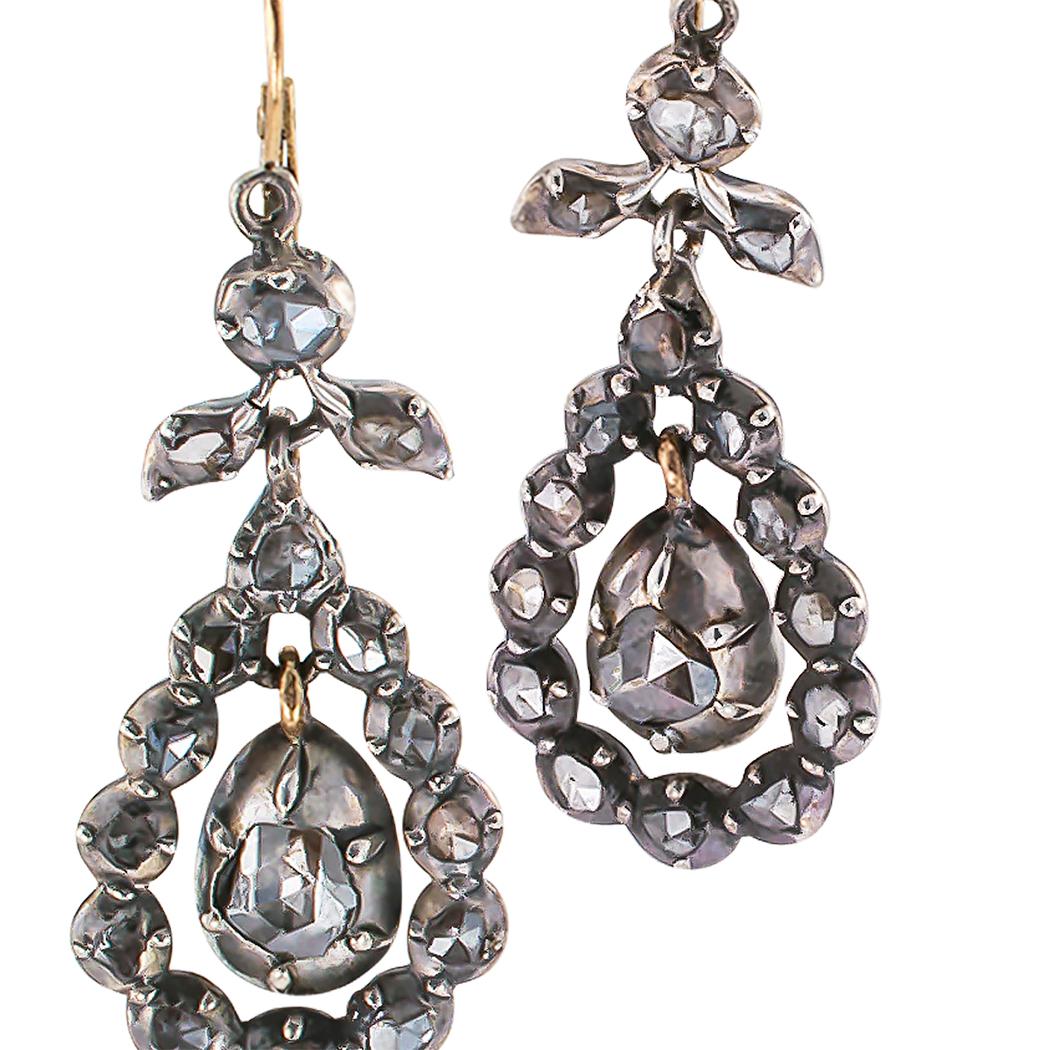 Georgian Rose Cut Diamonds Silver Gold Pendant Earrings im Zustand „Gut“ in Los Angeles, CA