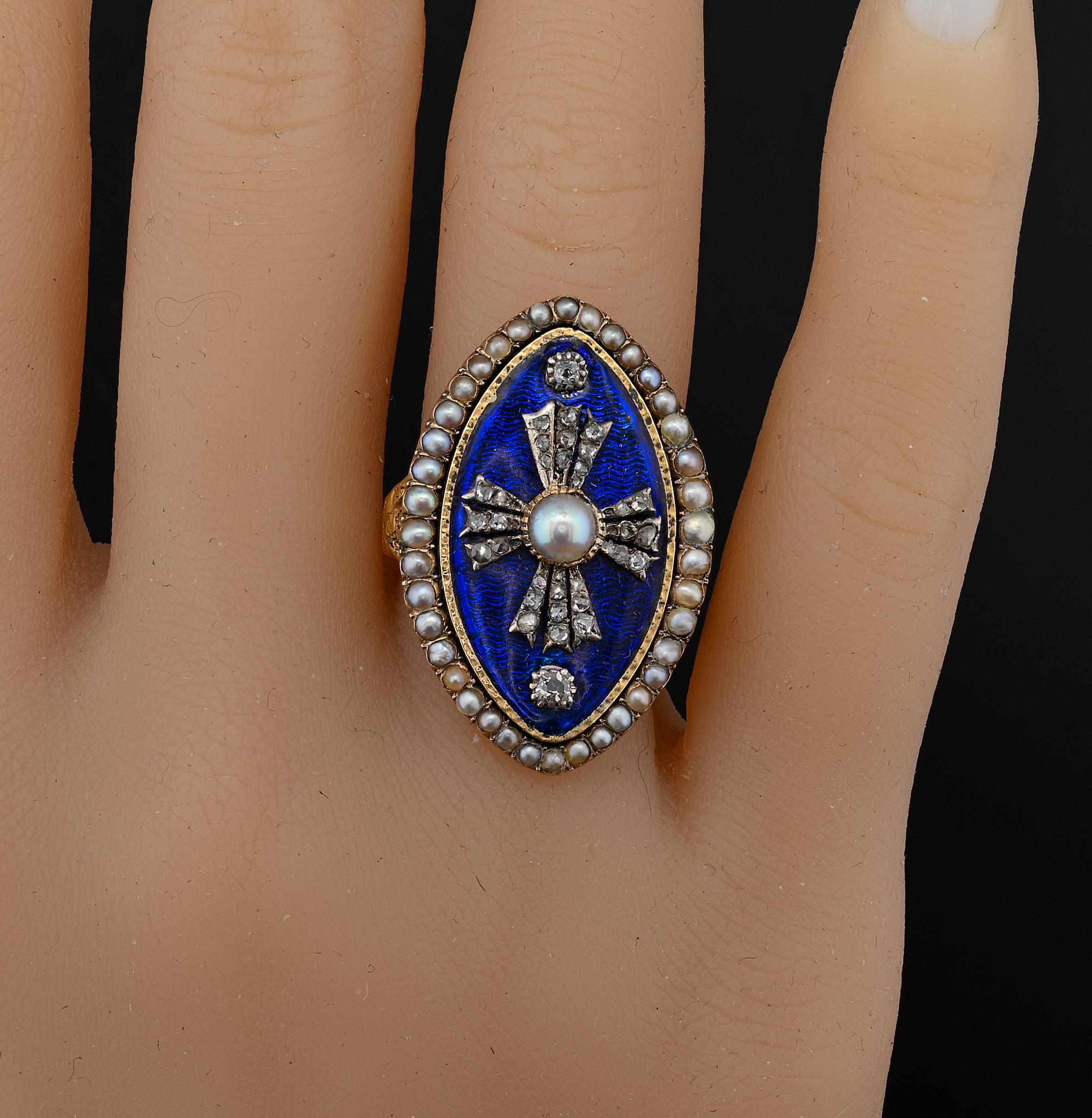 Georgian Royal Blue Enamel Diamond Natural Pearl 18 KT Ring For Sale 3