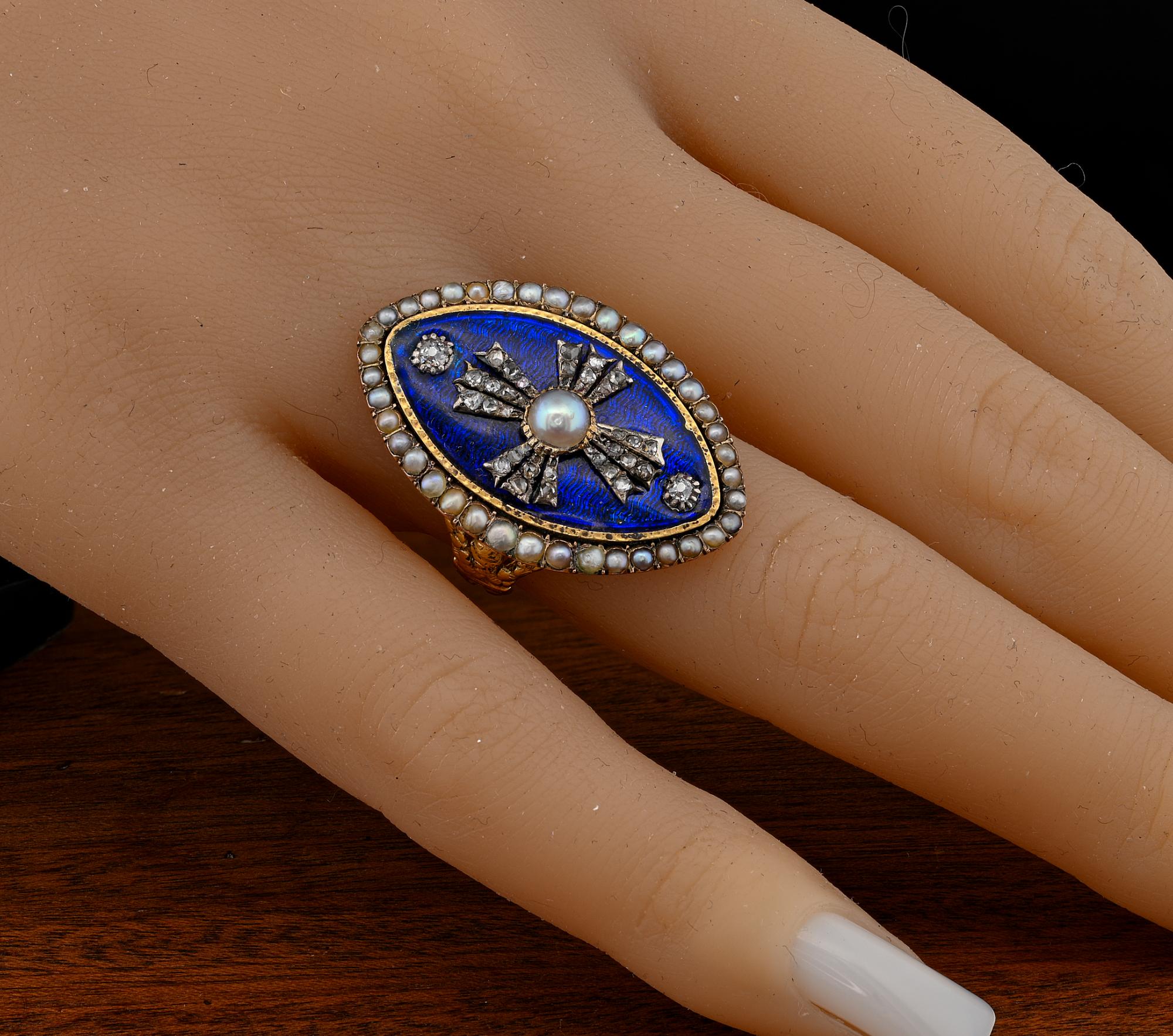 Georgian Royal Blue Enamel Diamond Natural Pearl 18 KT Ring For Sale 4
