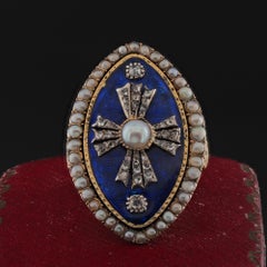 Georgian Royal Blue Enamel Diamond Natural Pearl 18 KT Ring