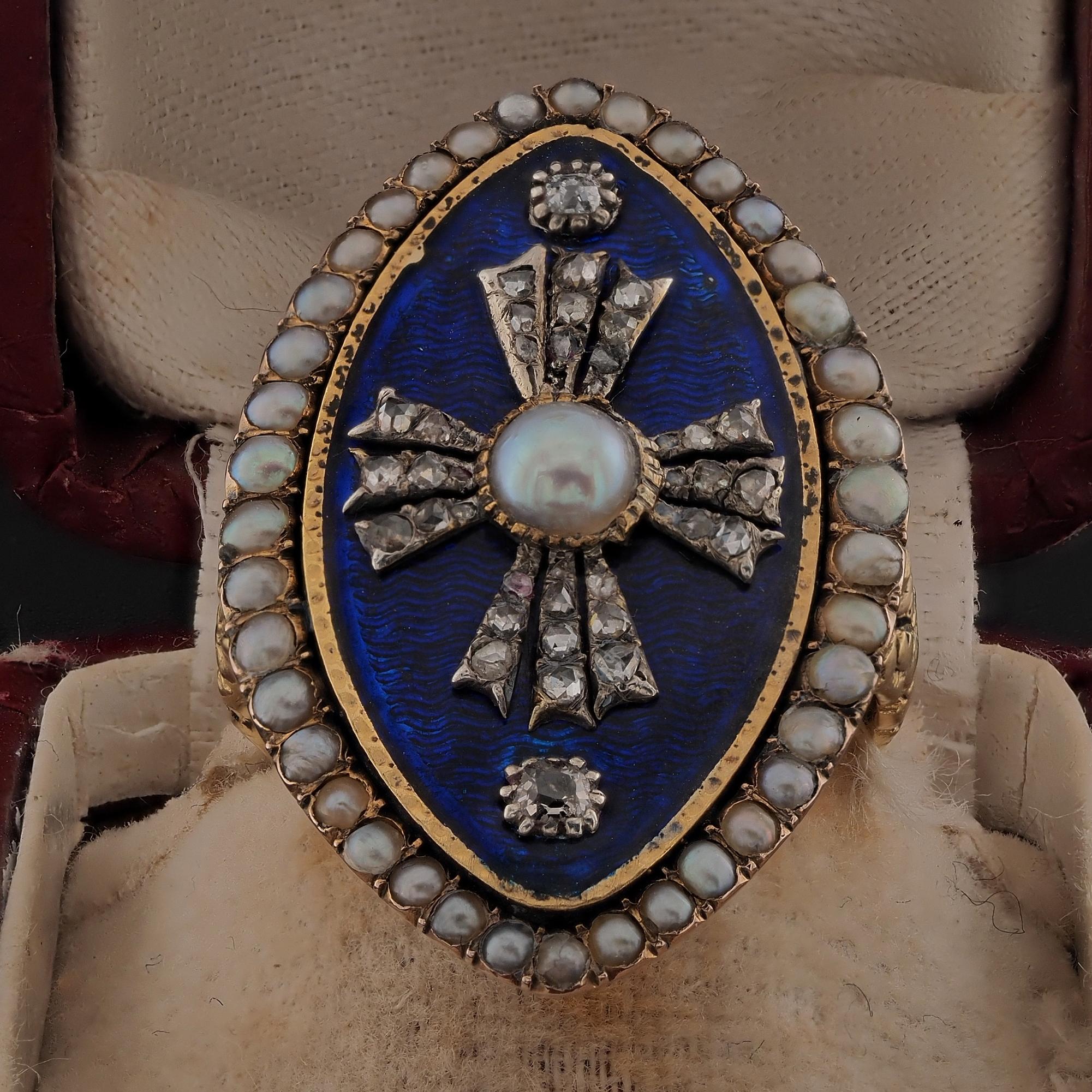 Rose Cut Georgian Royal Blue Enamel Diamond Natural Pearl 18 KT Ring For Sale