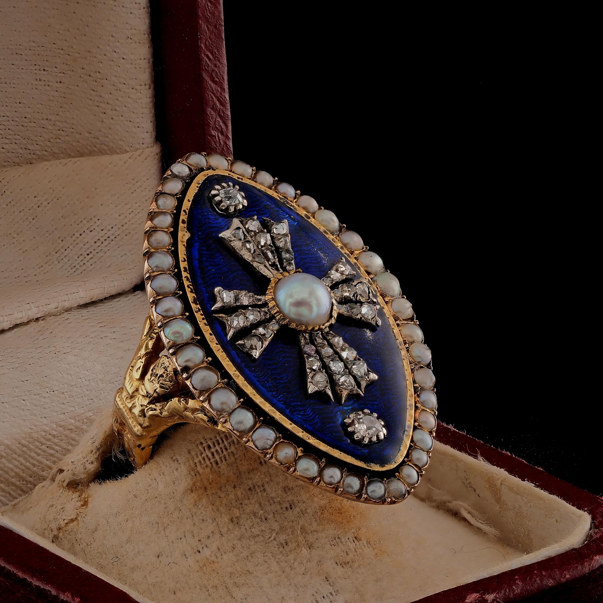 Women's Georgian Royal Blue Enamel Diamond Natural Pearl 18 KT Ring For Sale