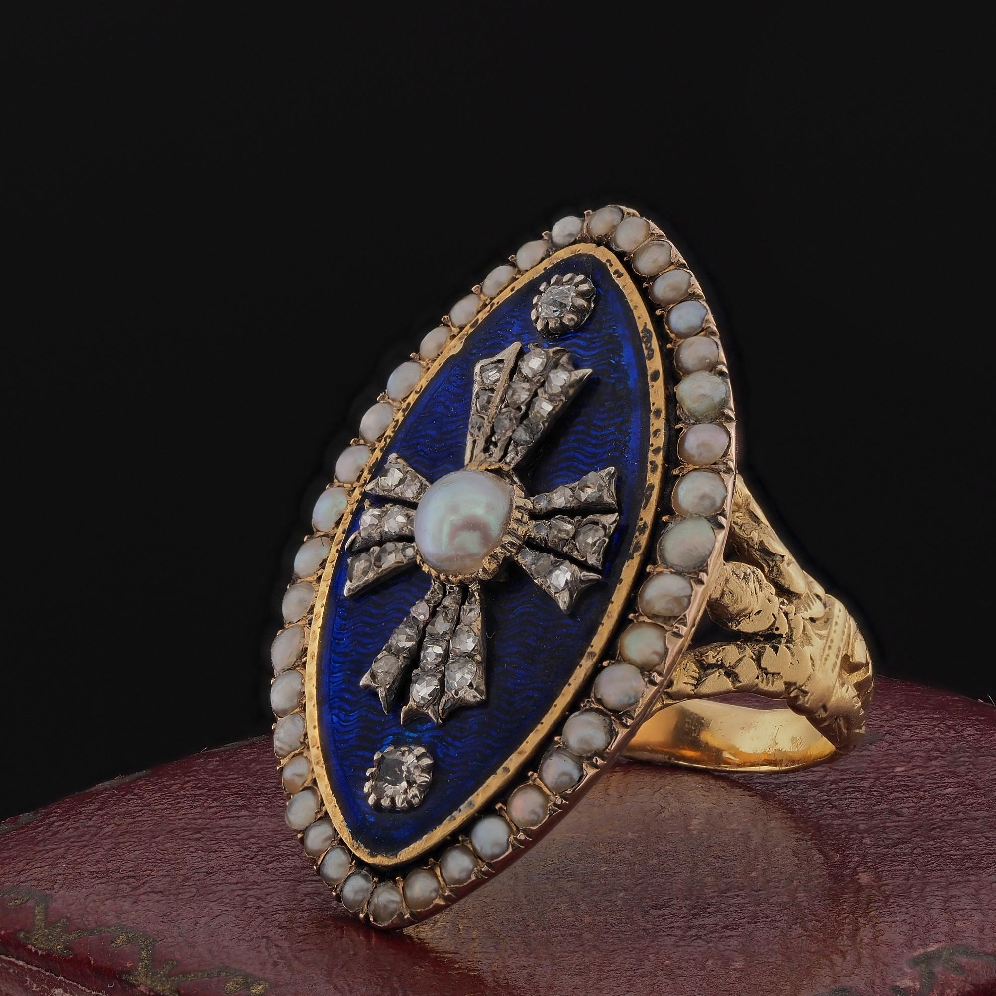 Georgian Royal Blue Enamel Diamond Natural Pearl 18 KT Ring For Sale 1