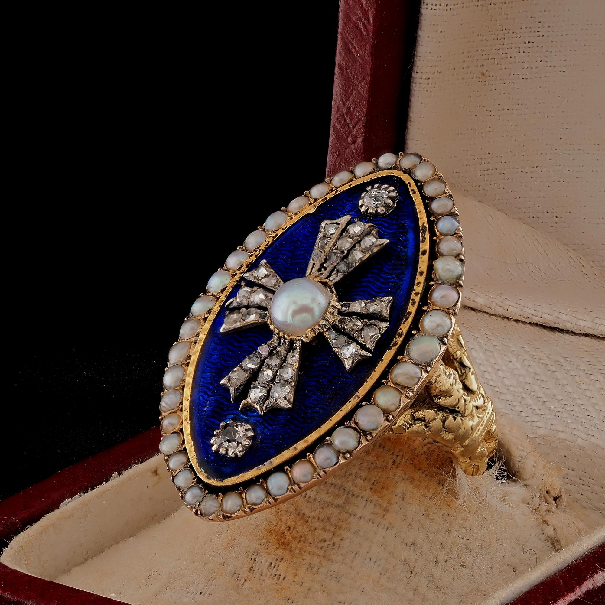 Georgian Royal Blue Enamel Diamond Natural Pearl 18 KT Ring For Sale 2