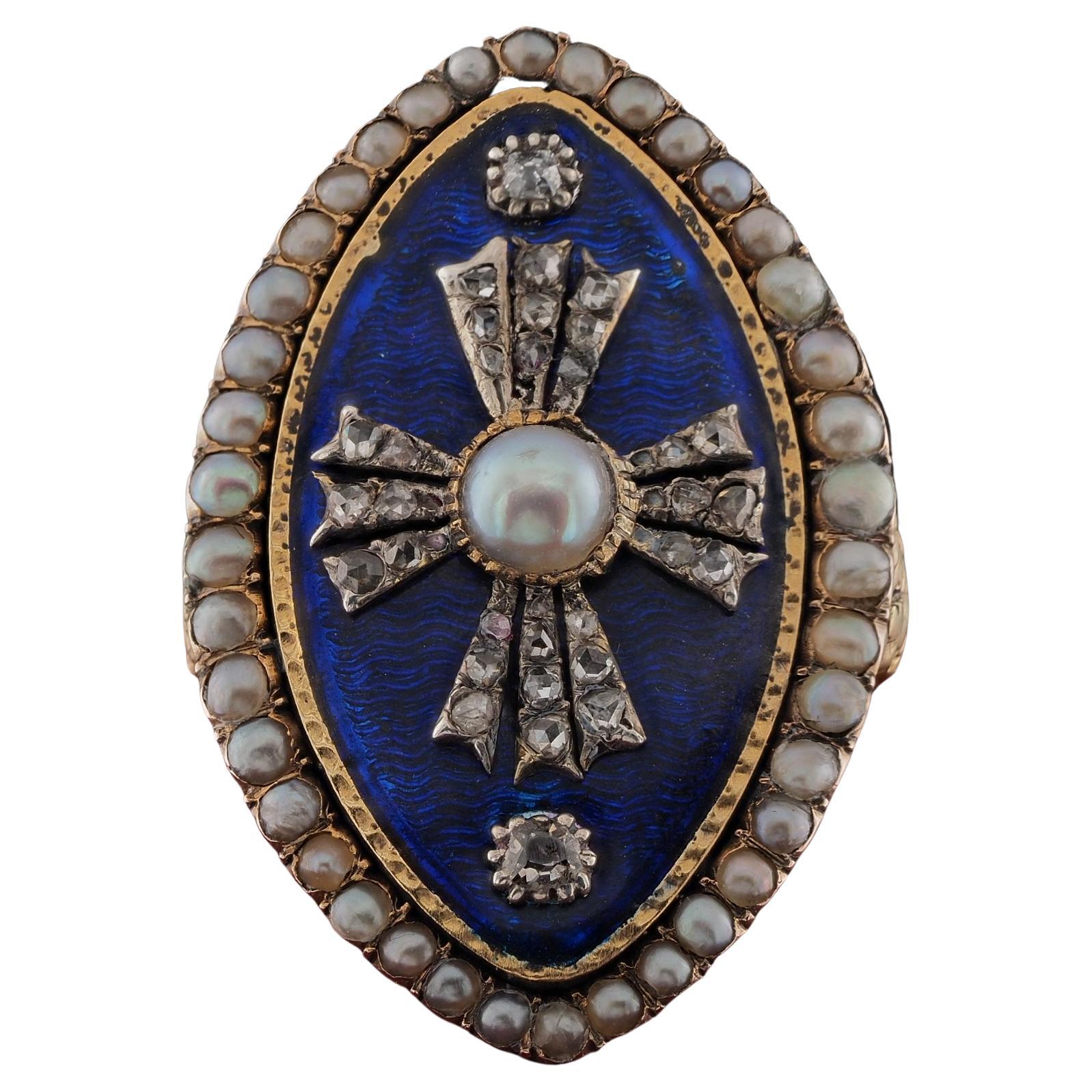 Georgian Royal Blue Enamel Diamond Natural Pearl 18 KT Ring For Sale