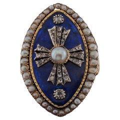 Georgian Royal Blue Enamel Diamond Natural Pearl 18 KT Ring
