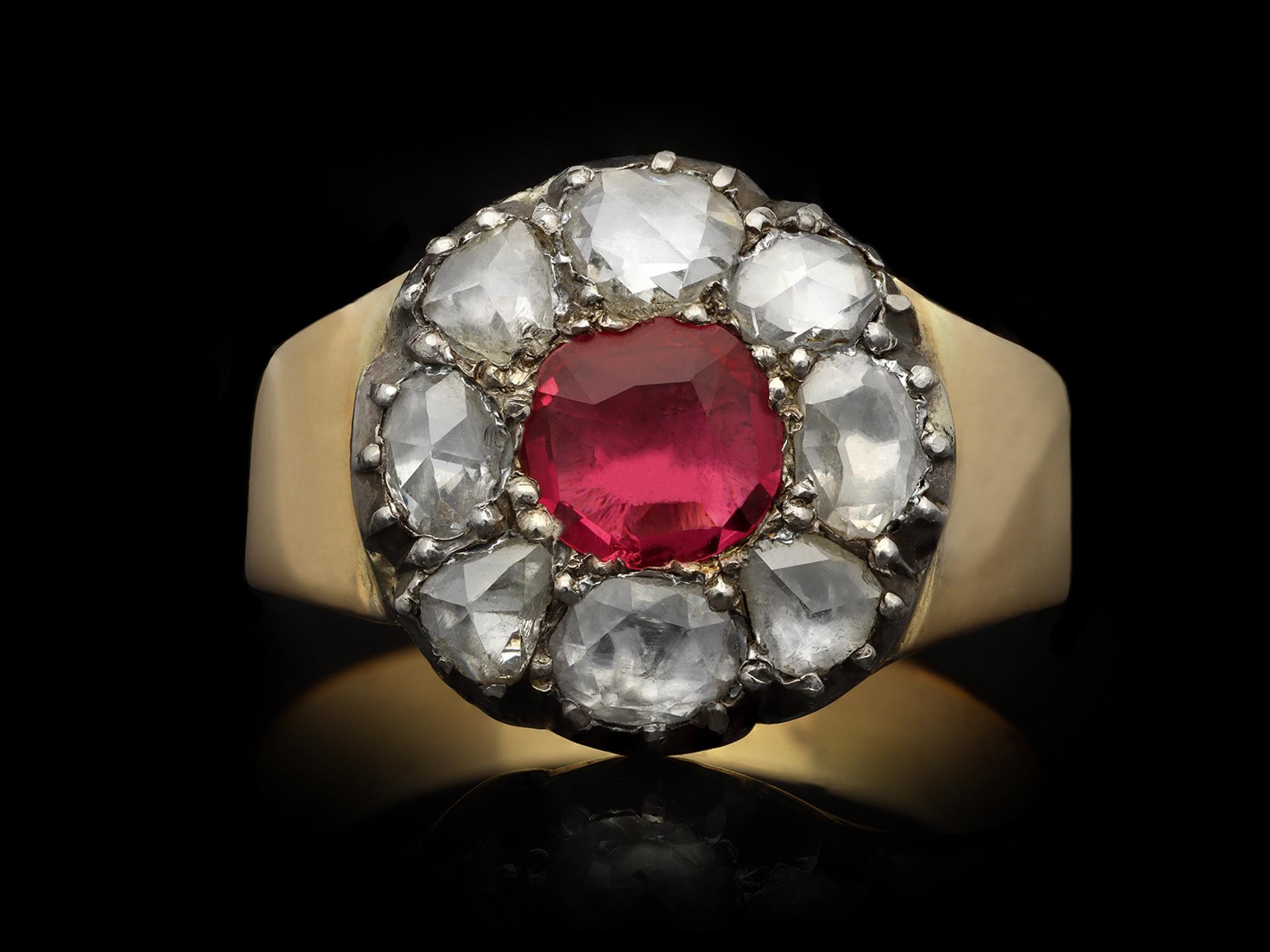 Georgian ruby and diamond coronet cluster ring, circa 1800. For Sale 1