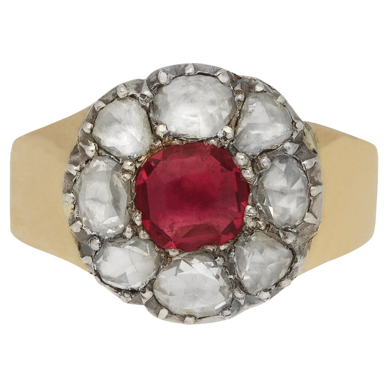 Georgian ruby and diamond coronet cluster ring, circa 1800. For Sale