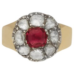 Used Georgian ruby and diamond coronet cluster ring, circa 1800.