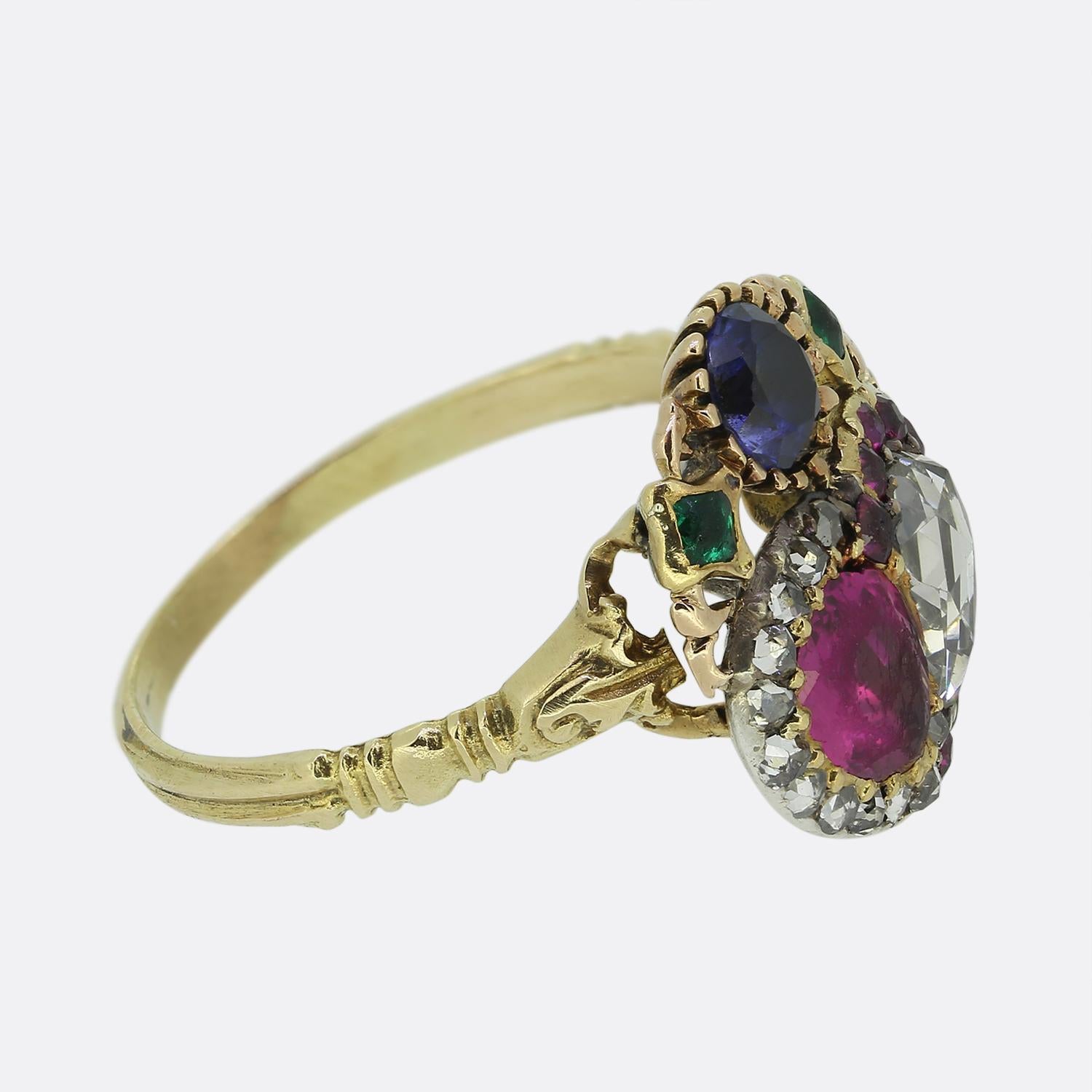 Rose Cut Georgian Ruby and Diamond Double Heart Ring For Sale