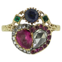 Anello doppio cuore con rubino e diamante georgiano