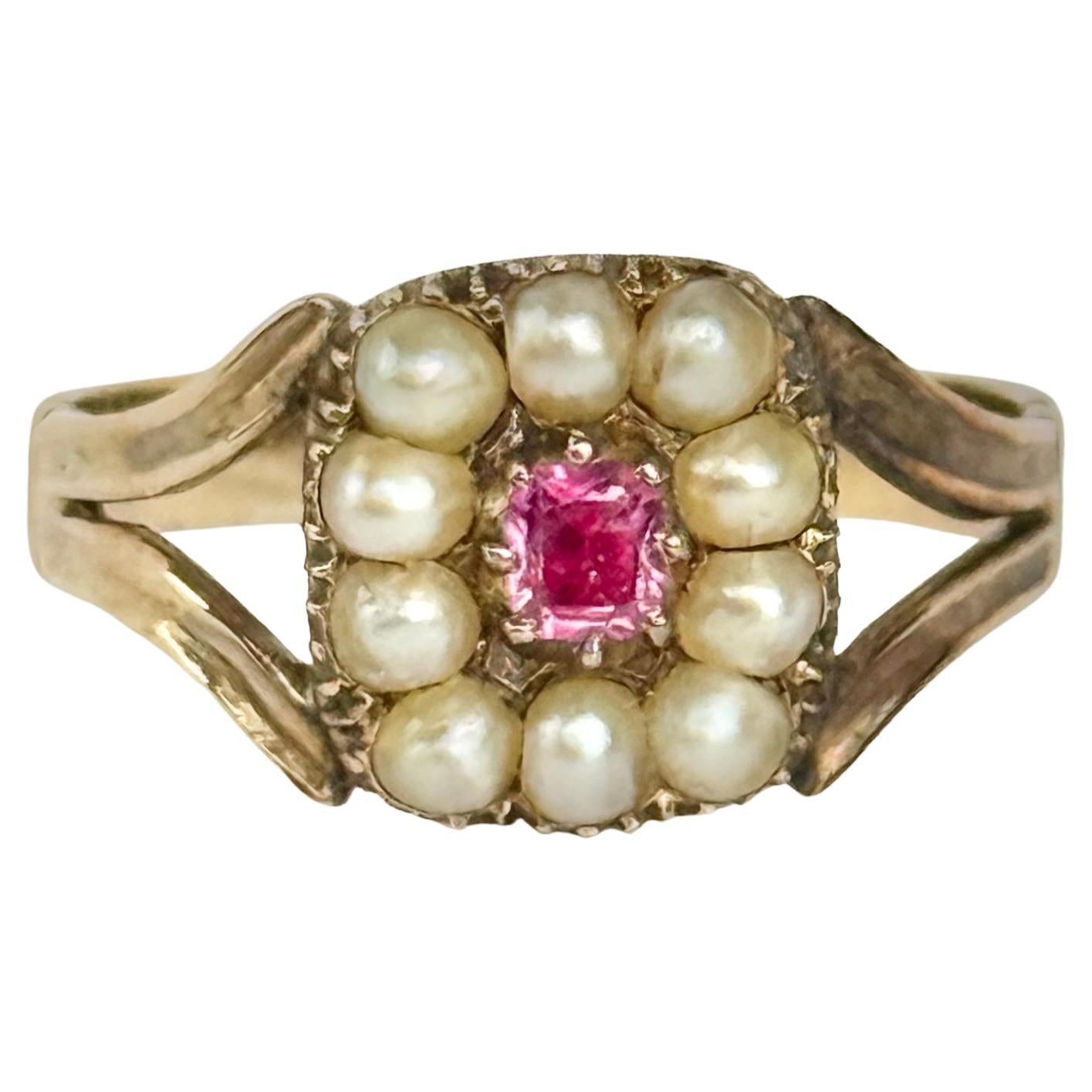 Anillo georgiano en racimo de oro de 15 quilates con rubí y perla en venta