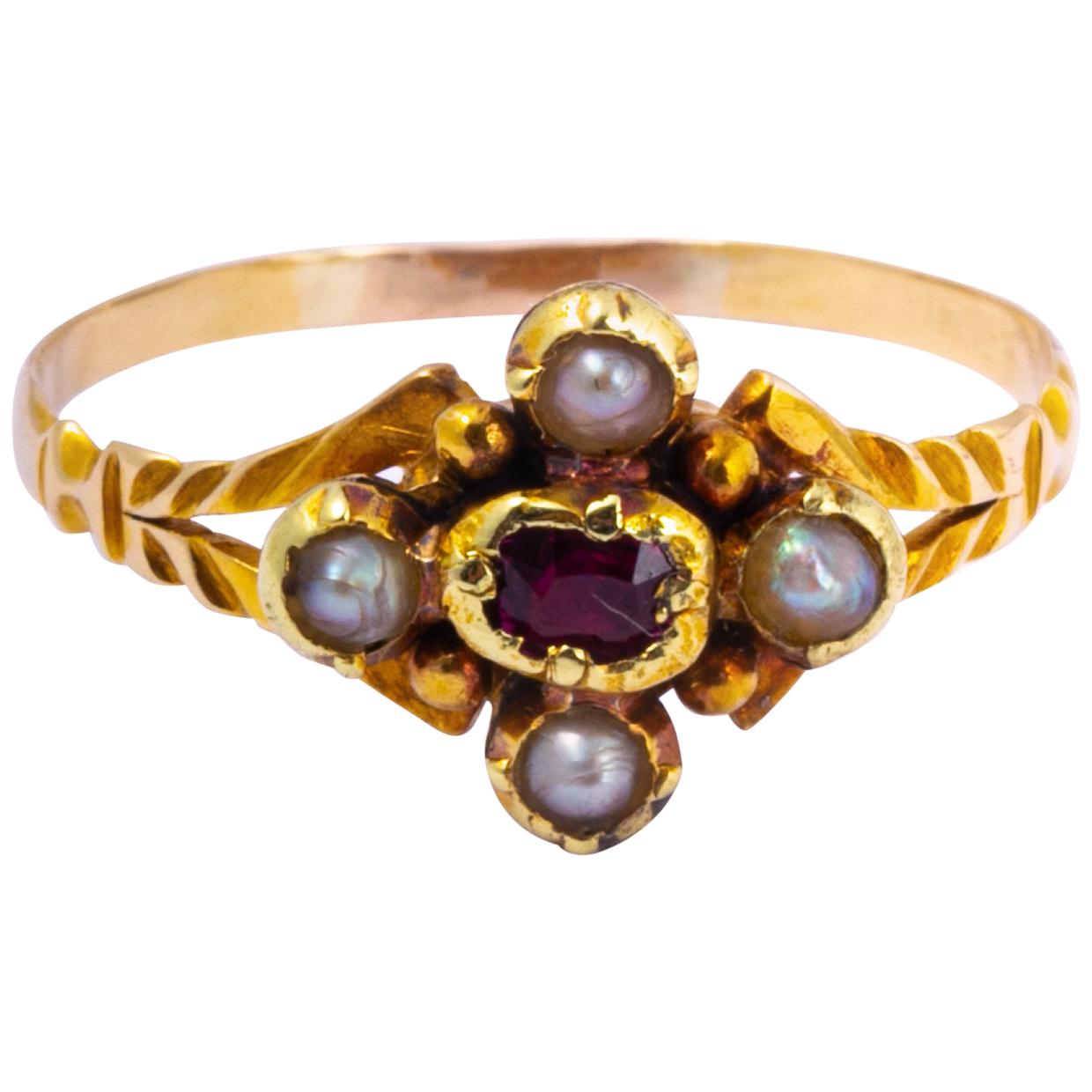 Georgian Ruby and Pearl 15 Carat Gold Ring