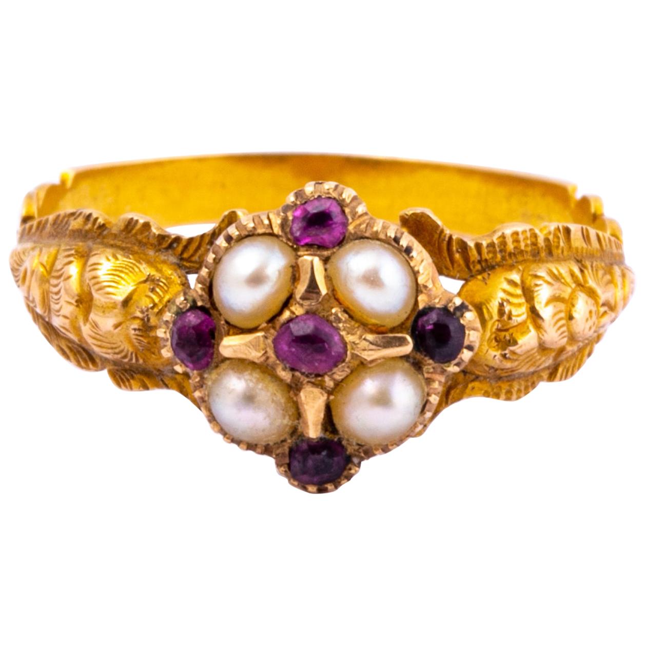 Georgian Ruby and Pearl 18 Carat Gold Ring