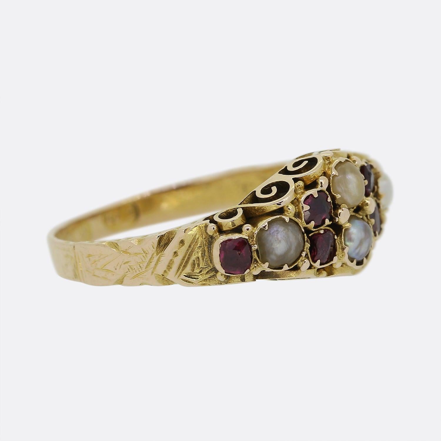 Round Cut Georgian Ruby and Pearl Cluster Ring For Sale