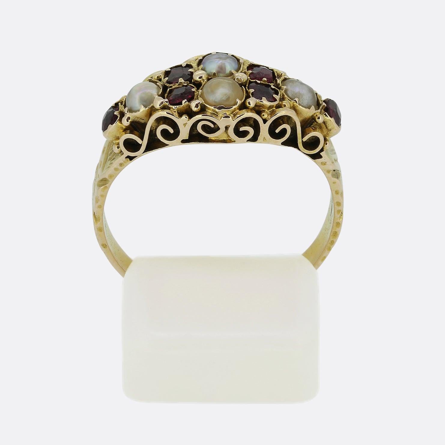 Women's Georgian Ruby and Pearl Cluster Ring For Sale