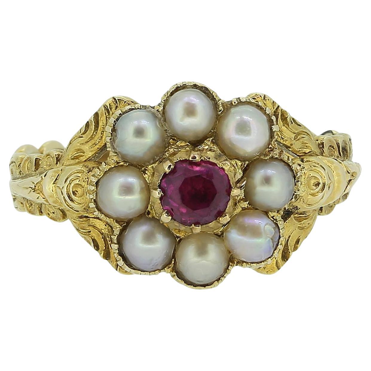 Georgian Ruby and Pearl Cluster Ring For Sale
