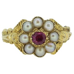 Antique Georgian Ruby and Pearl Cluster Ring