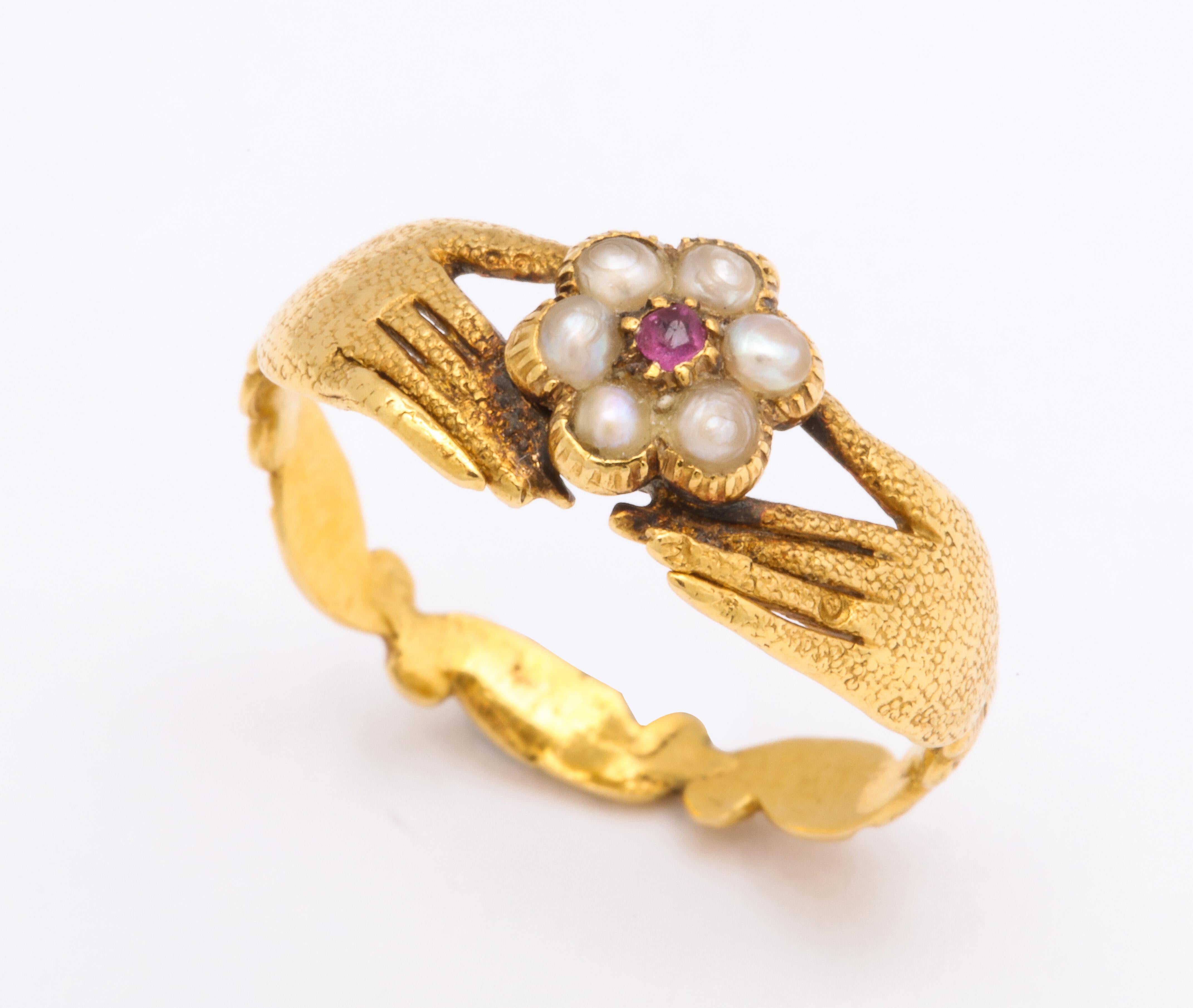 Women's or Men's Georgian Ruby and Pearl Fede Ring For Sale