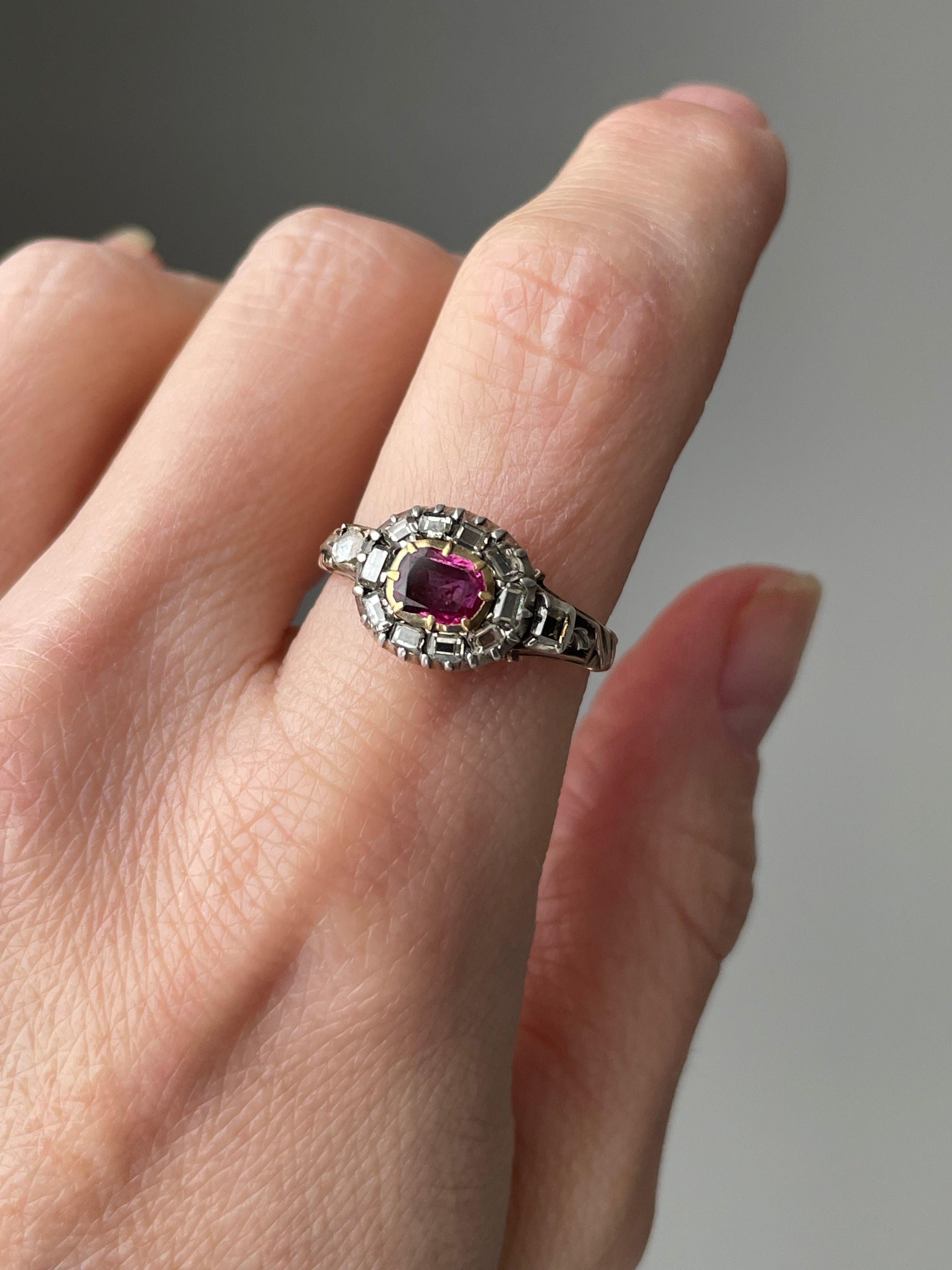 Square Cut Georgian Ruby and Table-Cut Diamond Ring For Sale